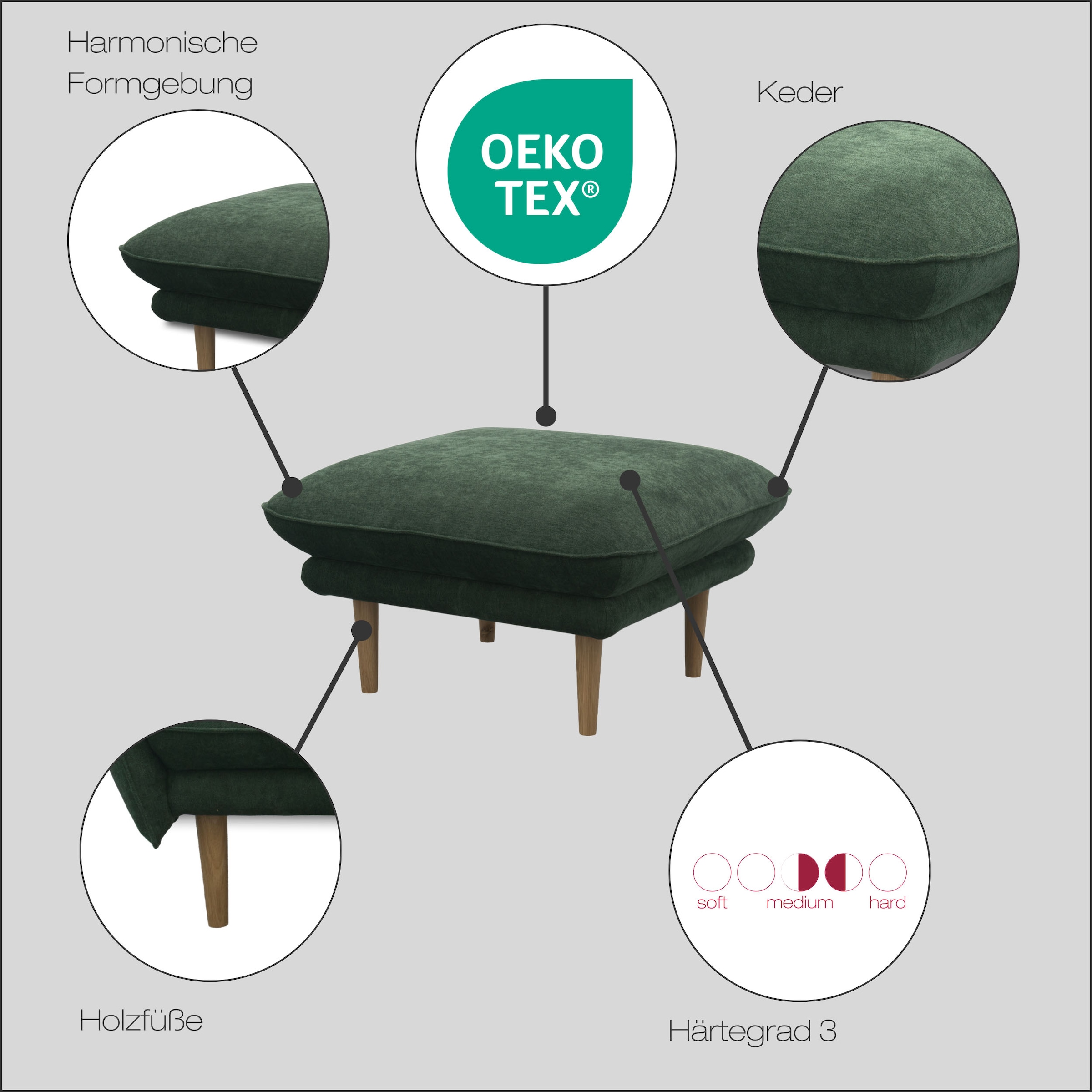DOMO collection Hocker »Leuven« angenehm feste Polsterung, bodenfrei, 19 cm hohe Holzfüße