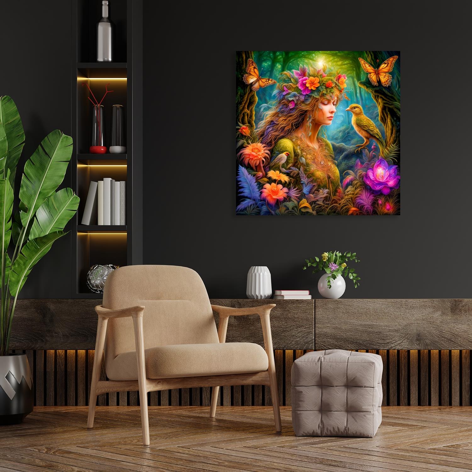 queence Acrylglasbild »Im Verborgenen des Zauberwaldes - Katharina Kolenda«, Vögel-Fantasy-Frau-Tiere-Blumen-Blumenbilder-Vogelbilder, (1 St.), Kunst, knallige Farben, bunt