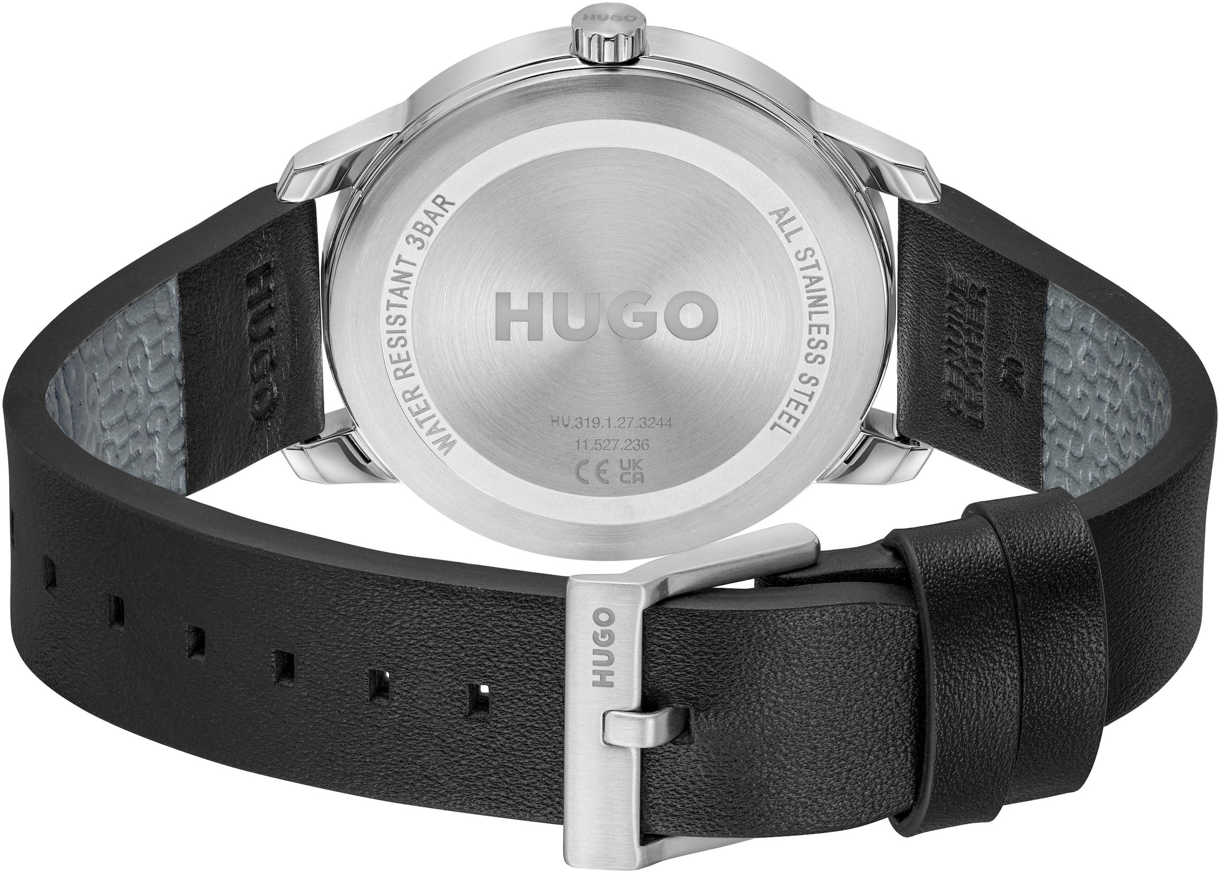 HUGO Quarzuhr »#STAMP« Armbanduhr, Herrenuhr, analog, Lederarmband