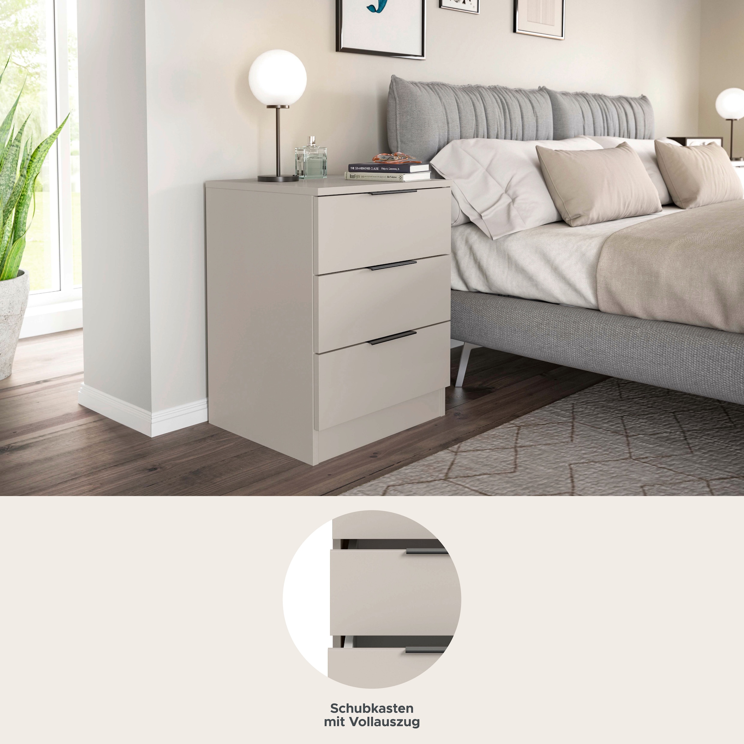 Home affaire Nachtkommode »Skarde 2 Nachttische, jeweils Breite: 45 cm« Set, Sie bekommen 2  Nachttische im Set, 2 Stk. tlg. Skarde, 2er Set Nachtkommoden, 3 Schubkästen, kashmir