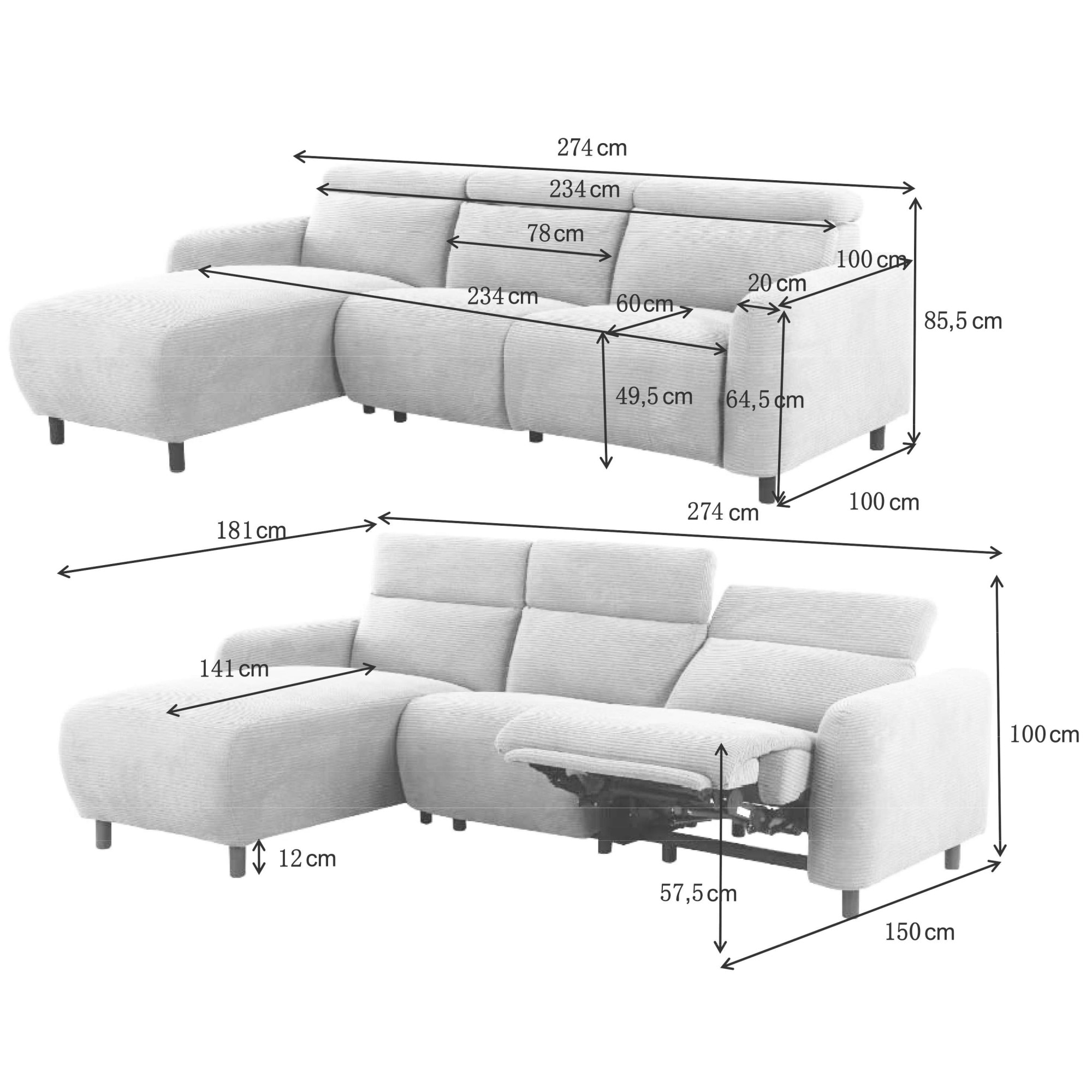Home affaire Ecksofa »SKAANE Struktur, L-Form, 274 cm, manuelle u. elektrische Funktion,«, rundes Design, Kopfteilverstellung, Federkernpolsterung
