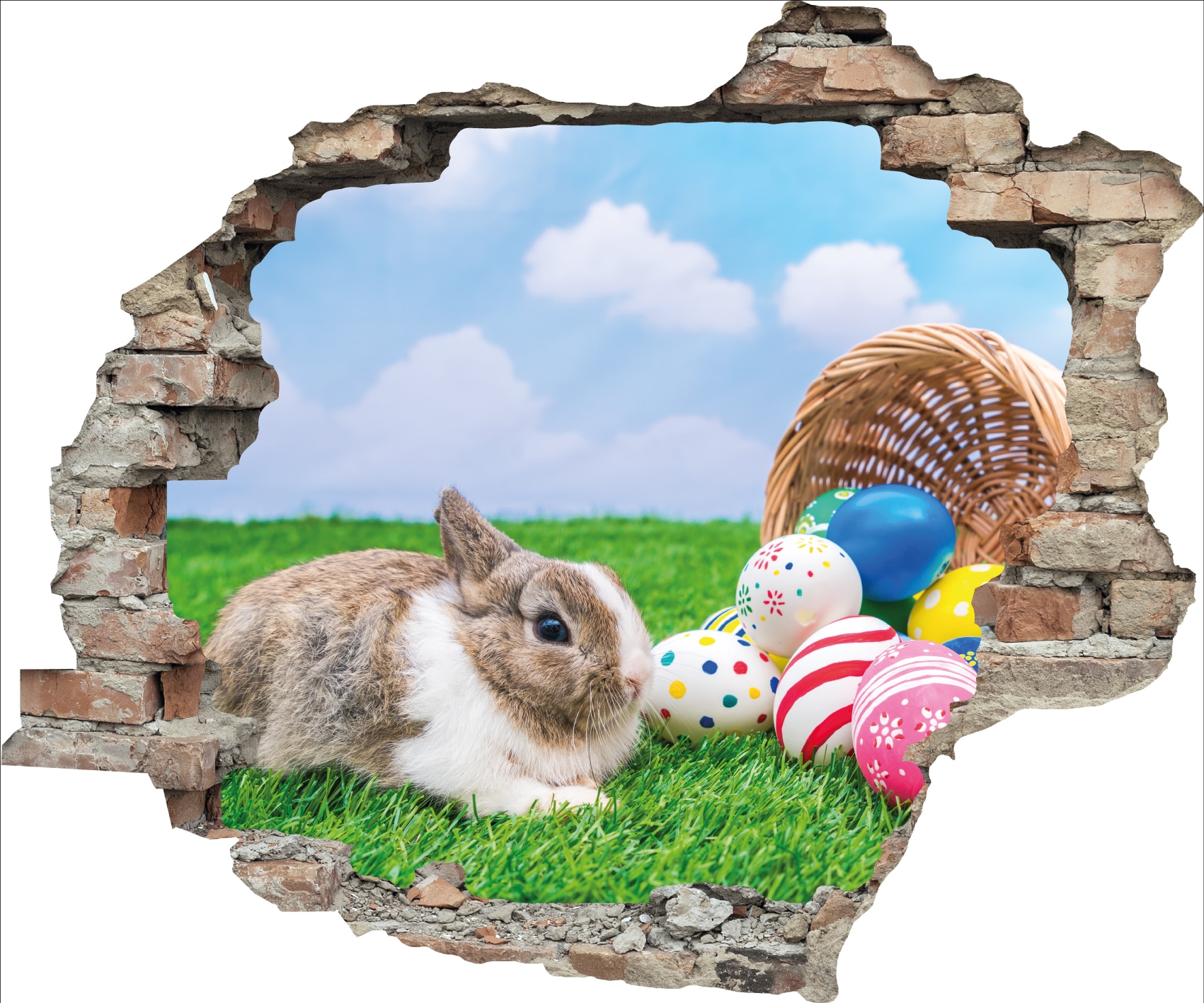 queence 3D-Wandtattoo »Hase mit bunten Ostereiern« Selbstklebender Wandsticker Ostern Wanddurchbruch 60x50cm