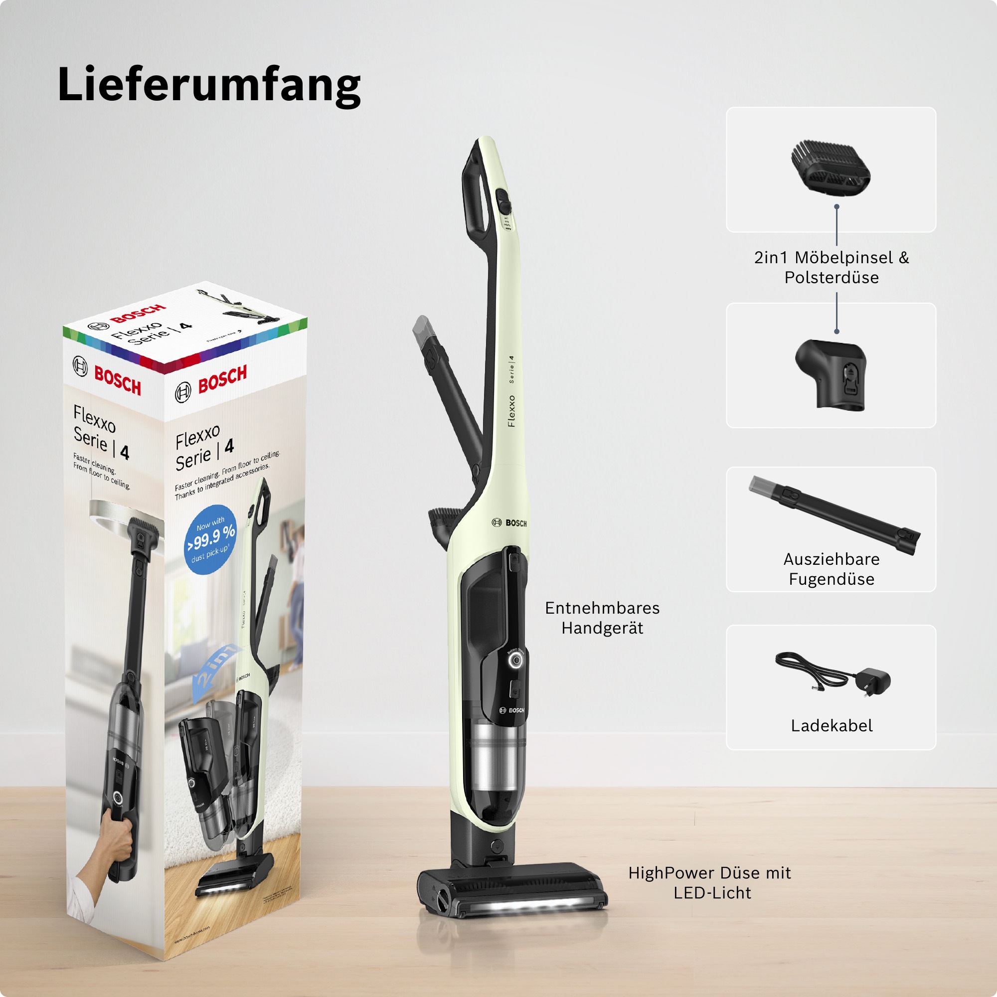 BOSCH Akku-Stielstaubsauger »Flexxo Serie 4 BCH4FM28/BCH4SM28, 2in1 Akku-Staubsauger, freistehend« kabellos, integriertes Zubehör, beutellos, 60 Min. Laufzeit