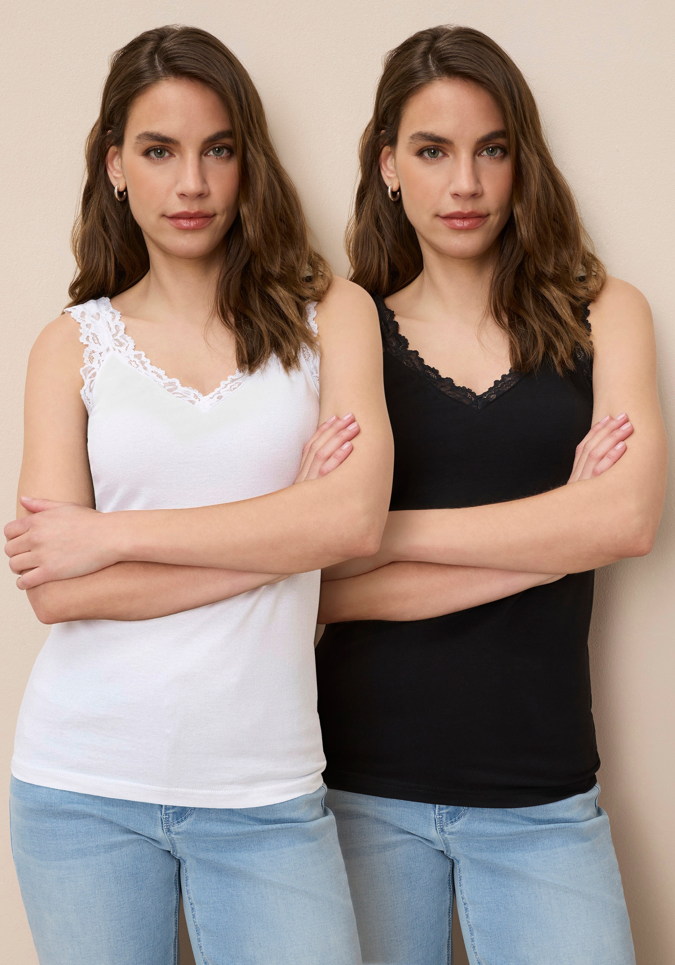 Tamaris Spitzentop mit femininen V-Ausschnitt, figurbetont