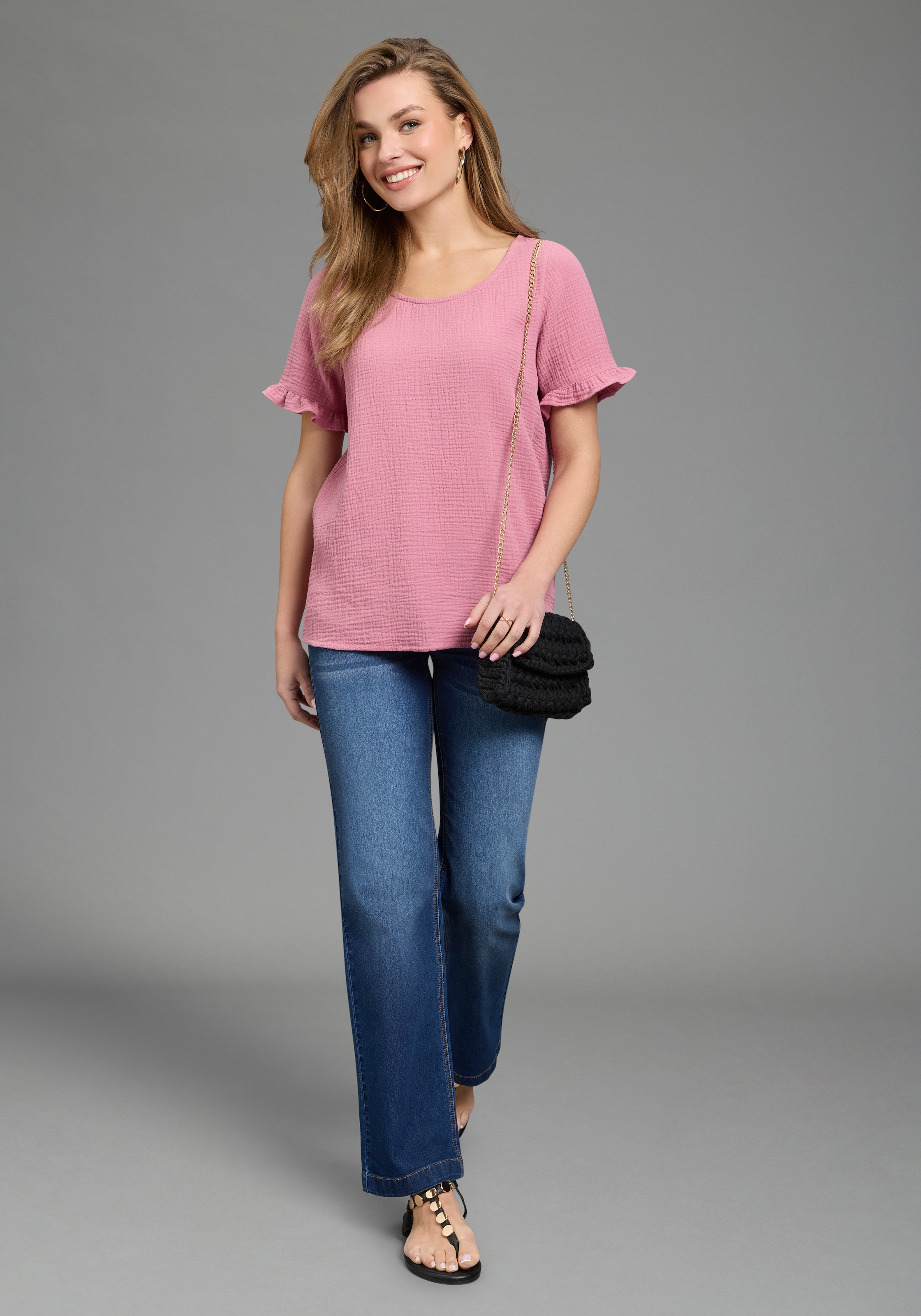 Laura Scott Rüschenbluse mit Zier-Knopfleiste am Rücken, unifarben, aus Baumwoll-Musselin