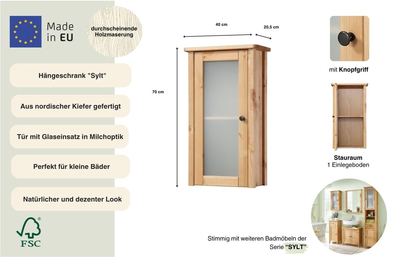 welltime Hängeschrank »Sylt« Breite 40 cm, aus Massivholz Kiefer
