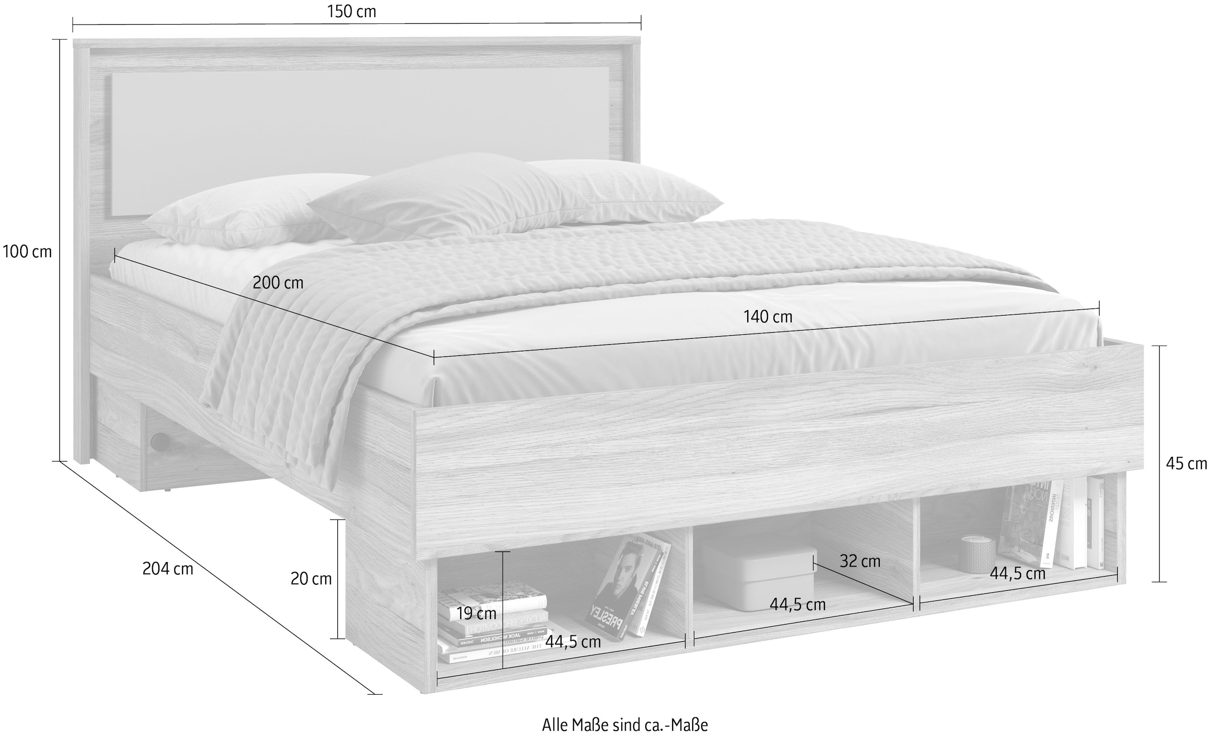 INOSIGN Bettgestell »Wharton, Breite 140cm bzw. 160cm, moderner Bettrahmen Made in Europe«, Doppelbett mit offenen Regalen, FSC-zertifizierter Holzwerkstoff