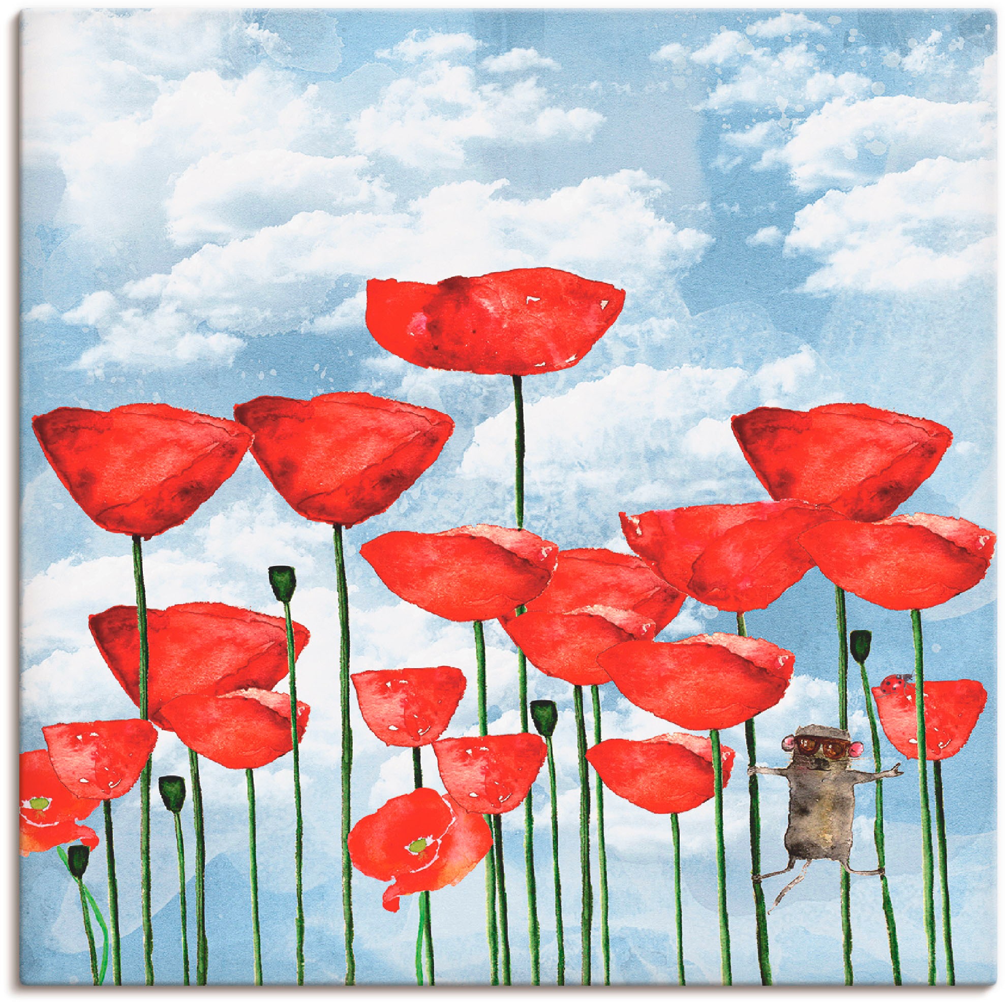 Artland Wandbild »Maus im Mohnfeld an einem bewölkten Tag«, Blumen, (1 St.), in vielen Größen & Produktarten - Alubild / Outdoorbild für den Außenbereich, Leinwandbild, Poster, Wandaufkleber / Wandtattoo auch für Badezimmer geeignet