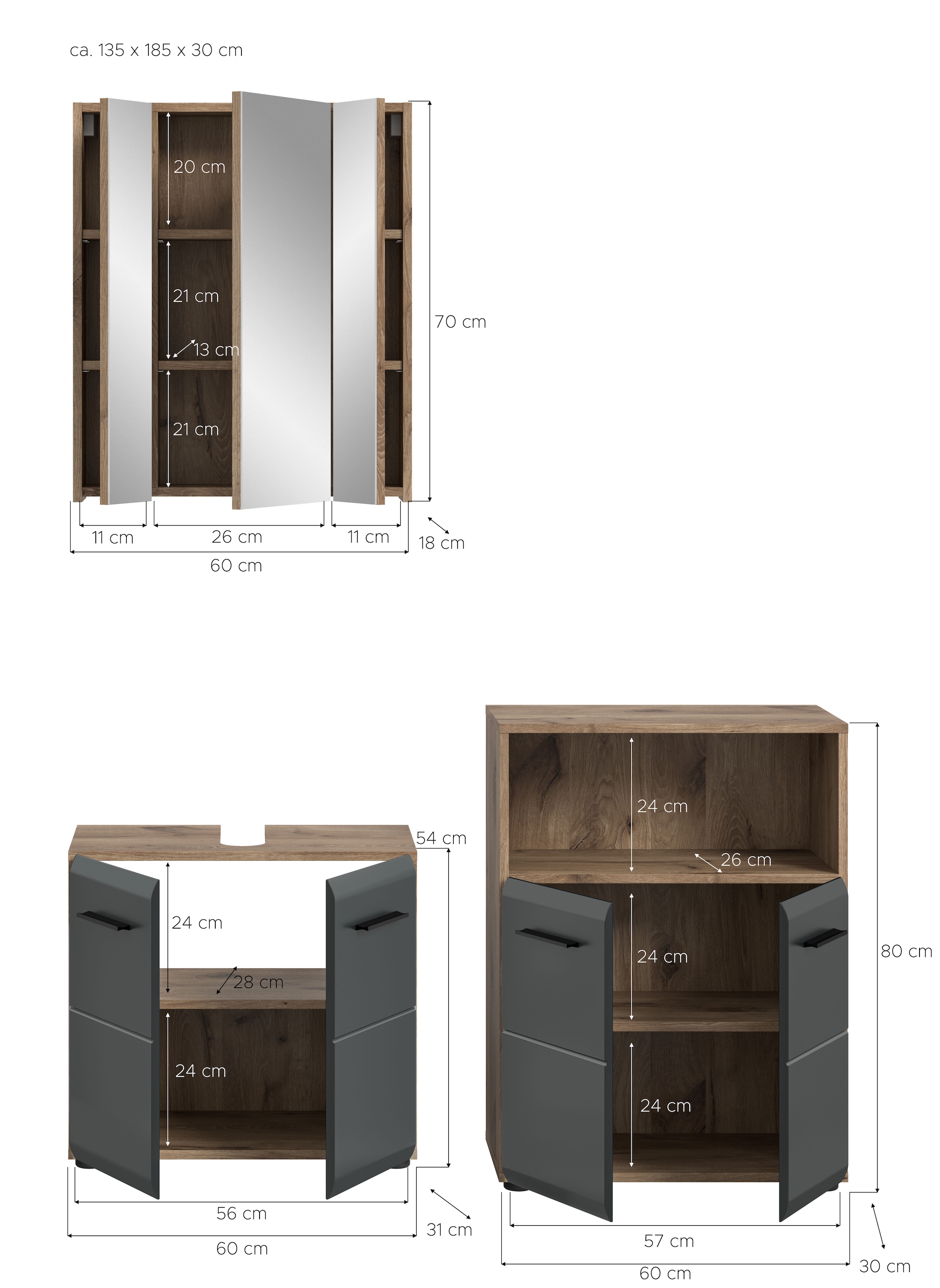 welltime Badmöbel-Set »FLORENZ,  3-teilige Badkombination, hochwertige MDF-Front« Set, best. aus: Waschbeckenunterschrank, Spiegelschrank, Midischrank breit, 3 Stk. tlg.