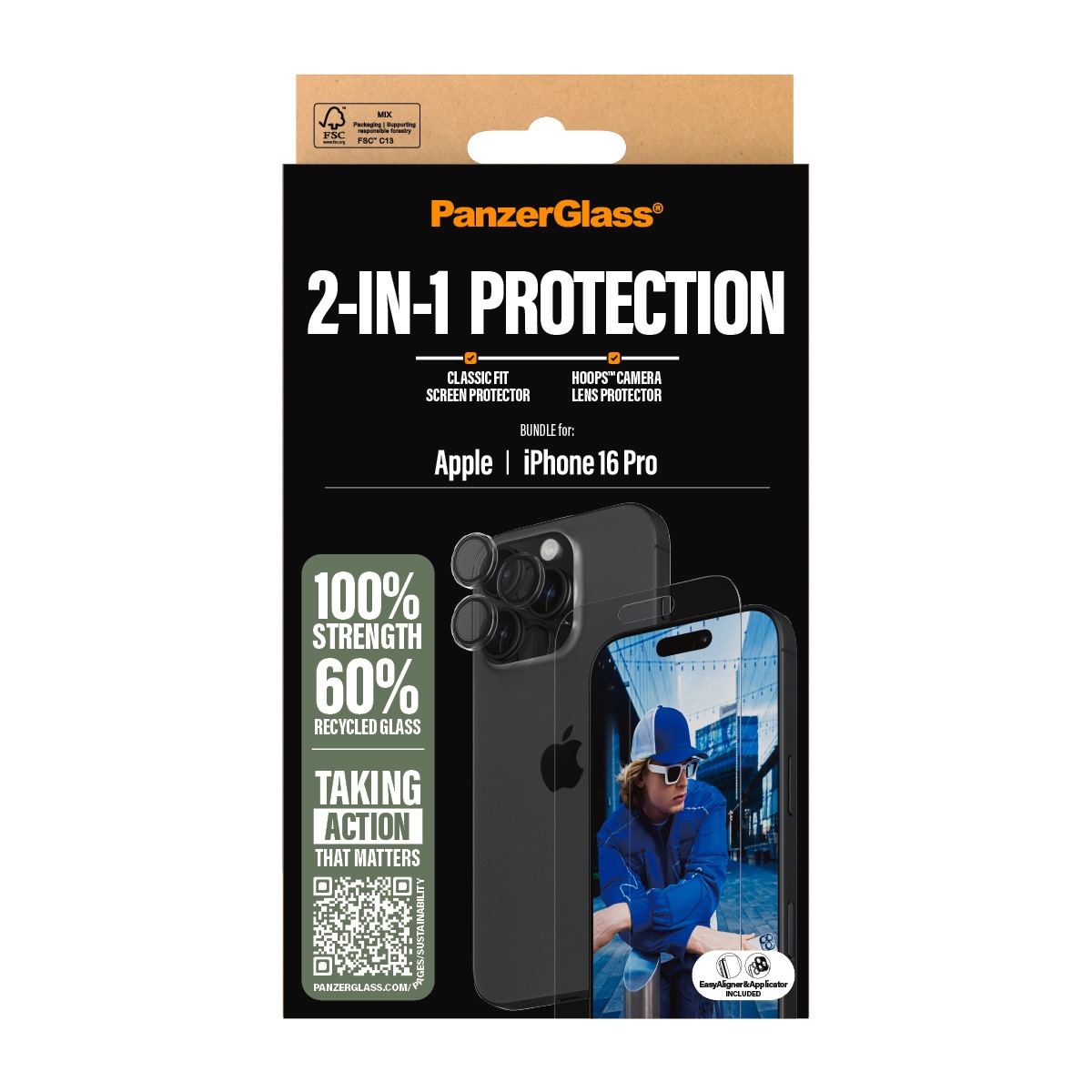 PanzerGlass Displayschutzglas »2-in-1 Protection, Glass, Lens Protector«, für Apple iPhone 16 Pro, Displayschutzfolie, Schutzfolie, Bildschirmschutz, kratz- & stoßfest