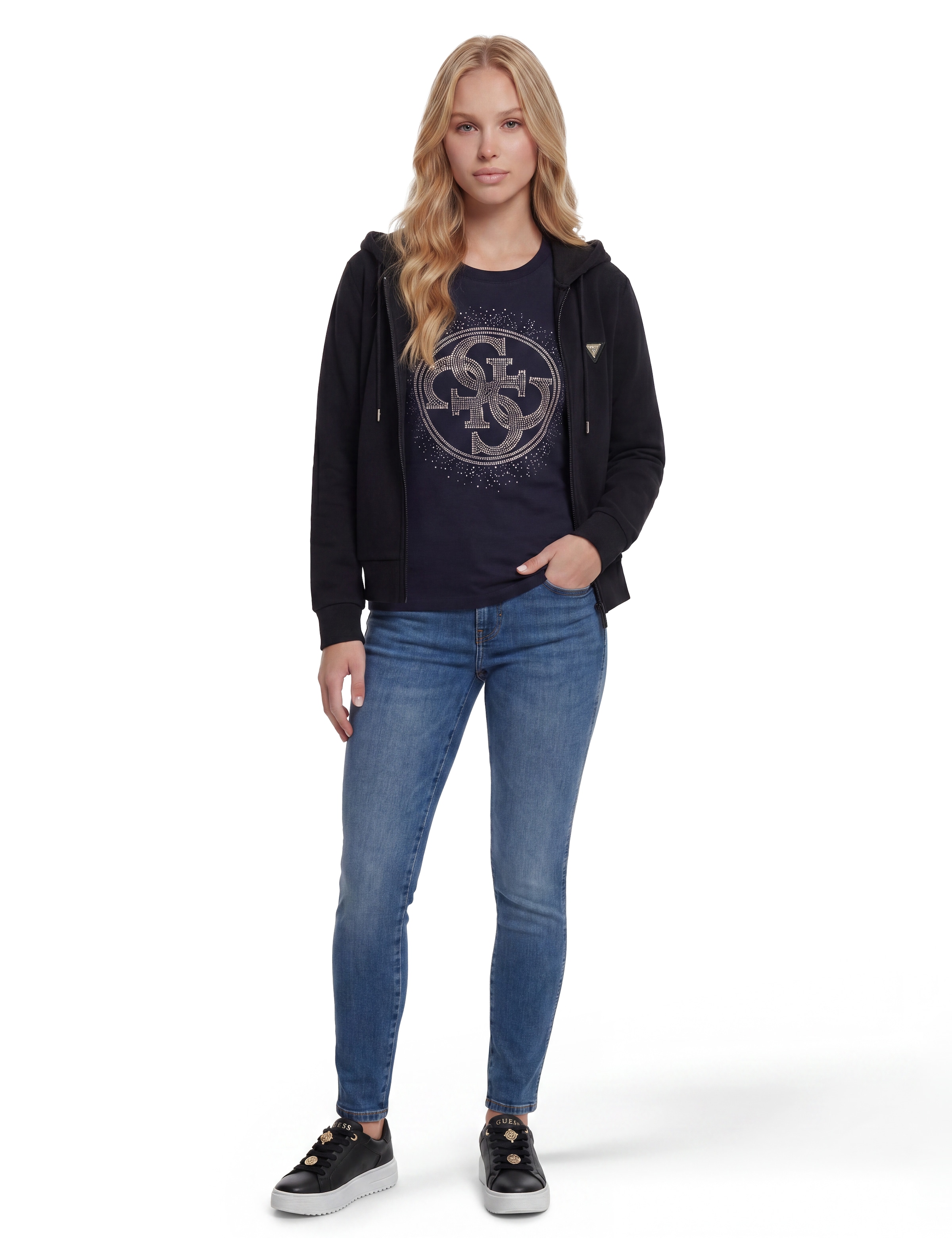 Guess T-Shirt »CN 4G ROUND CRYSTALS LOGO« mit markantem Logodesign, Regular Fit