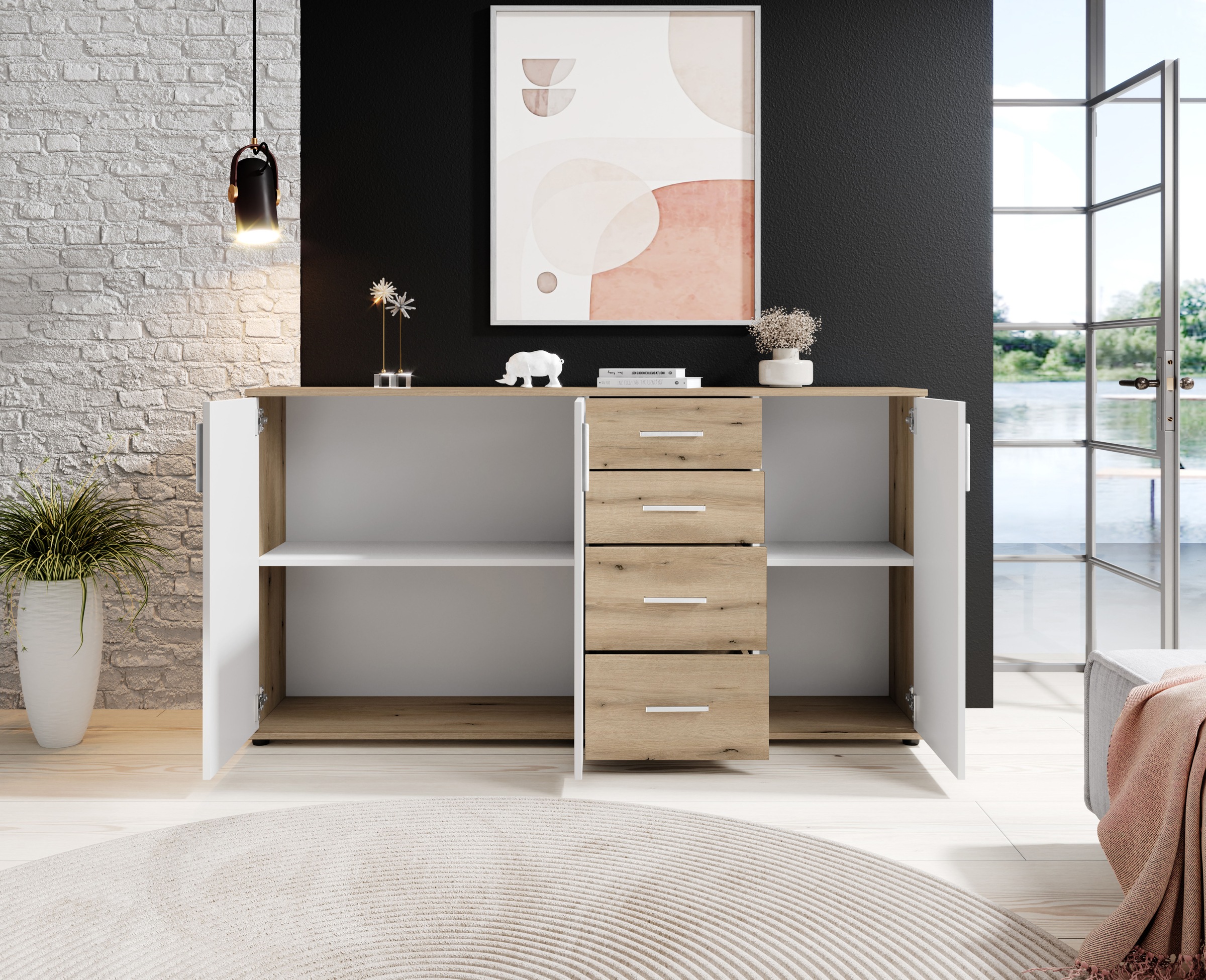 HBZ Kommode »BC-Drift-2, Sideboard Stellmaß BxHxT 160x84x35 cm«, (1 St.), Sideboard mit 3 Türen und 4 Schubkästen, 2 Einlegeböden