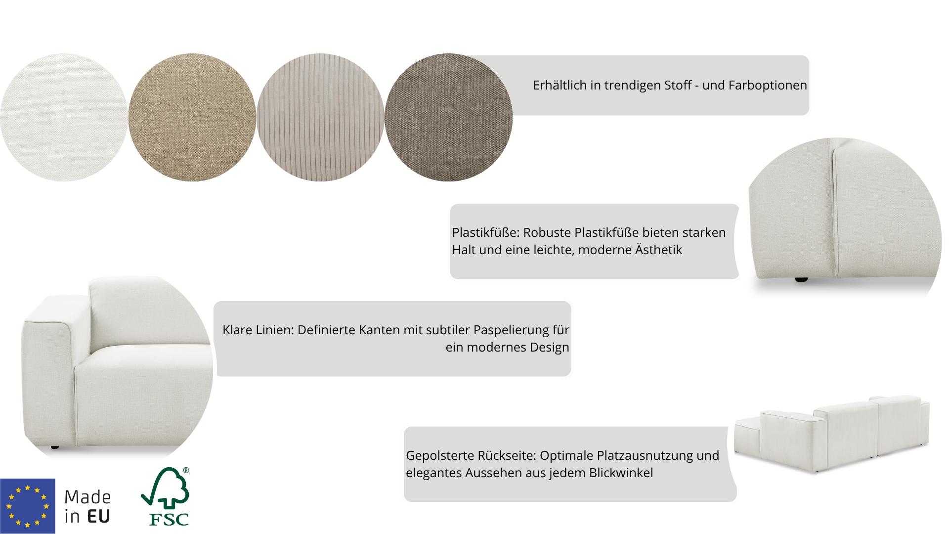 andas Ecksofa »Noord mit Kedernaht, Breite 227 cm«, mit Kedernaht, Breite 227 cm, Cord, Struktur, Webstoff