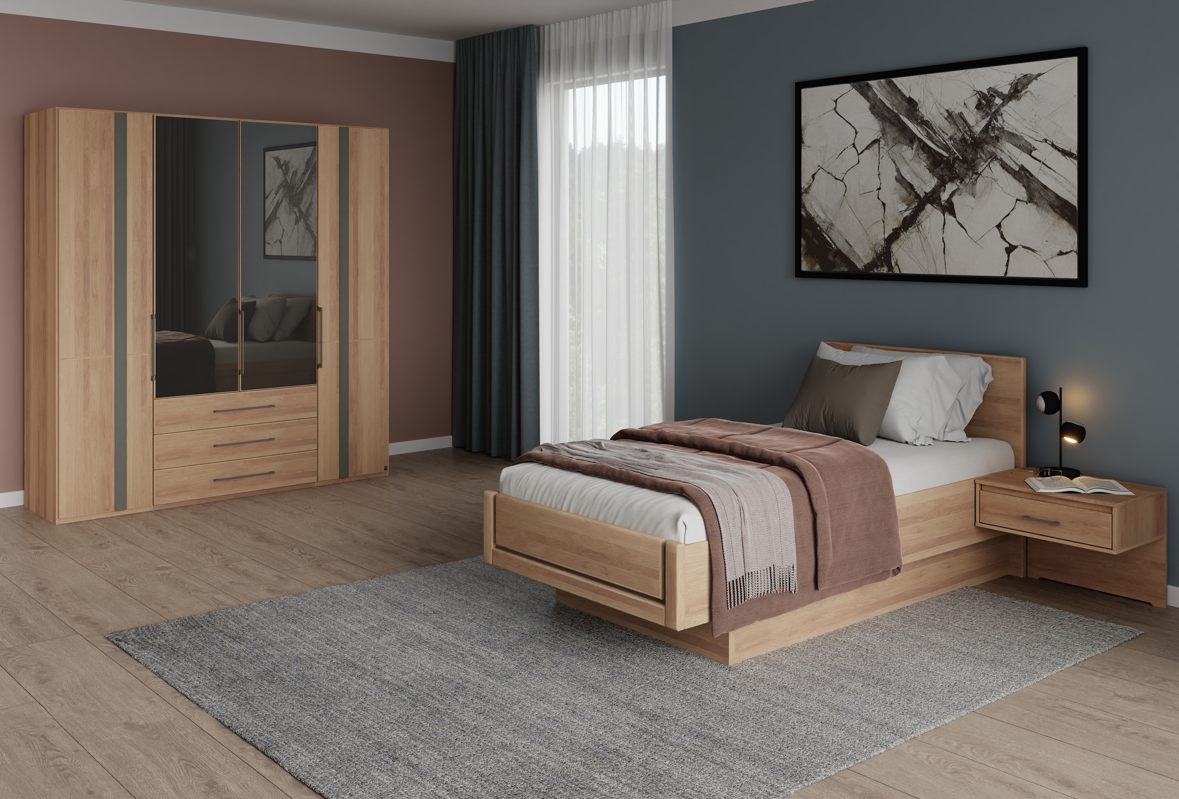Musterring Schlafzimmer-Set »Sorrent, Kleiderschrank, Bett & Nachtkommoden, teilmassiv Eiche«, (2er-Set Nachtschränke, Drehtürenschrank 200 cm, Bett 100x200 cm), Schrank mit Türen und Schubkästen, Bett schwebende Optik, teilmassiv