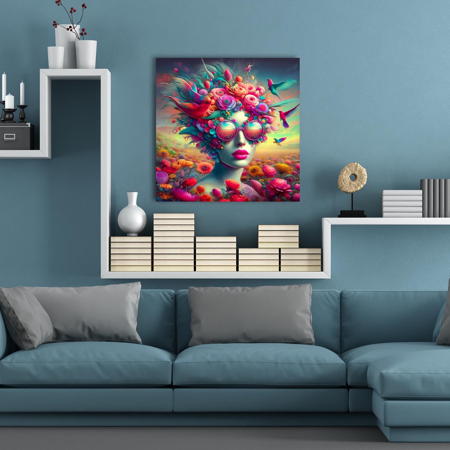 queence Acrylglasbild »Frauen mit ausgefallenen Brillen - Katharina Kolenda«, Vögel-Fantasy-Frau-Tiere-Blumen-Blumenbilder-Vogelbilder, (1 St.), Kunst, knallige Farben, bunt