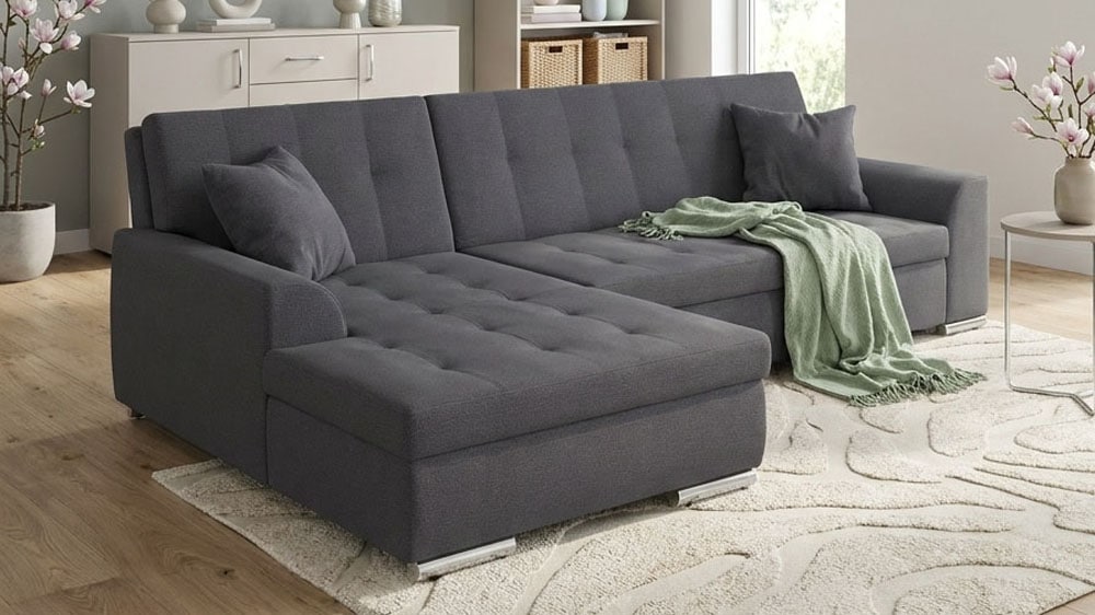 DOMO collection Ecksofa »Treviso viele Bezüge, auch in Cord, L-Form, B/T/H: 267/80/83 cm« wahlw. mit Bettfunktion, inkl. Zierkissen, Unser Dauertiefpreis