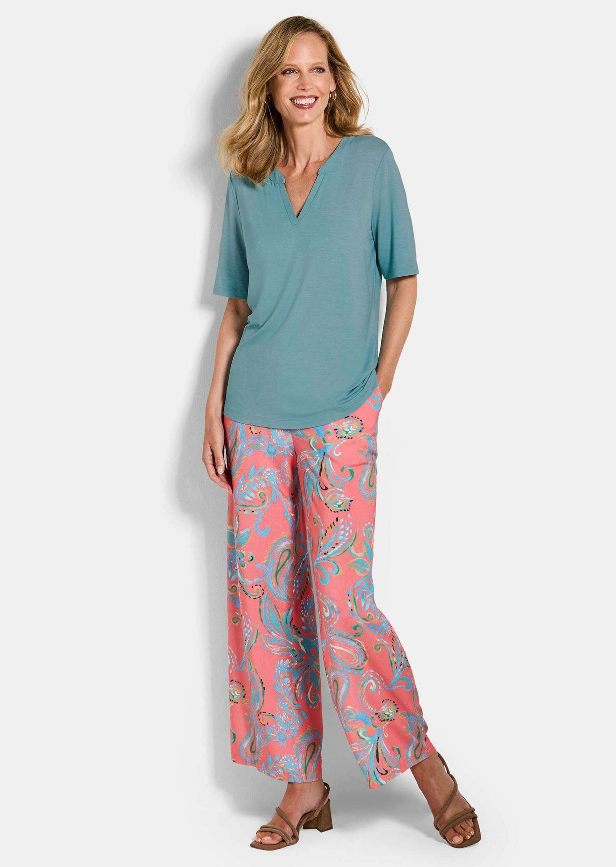 GOLDNER Kurzarmshirt »Kurzgröße Jerseyshirt mit Blende« stretchbequemer Viskosejersey