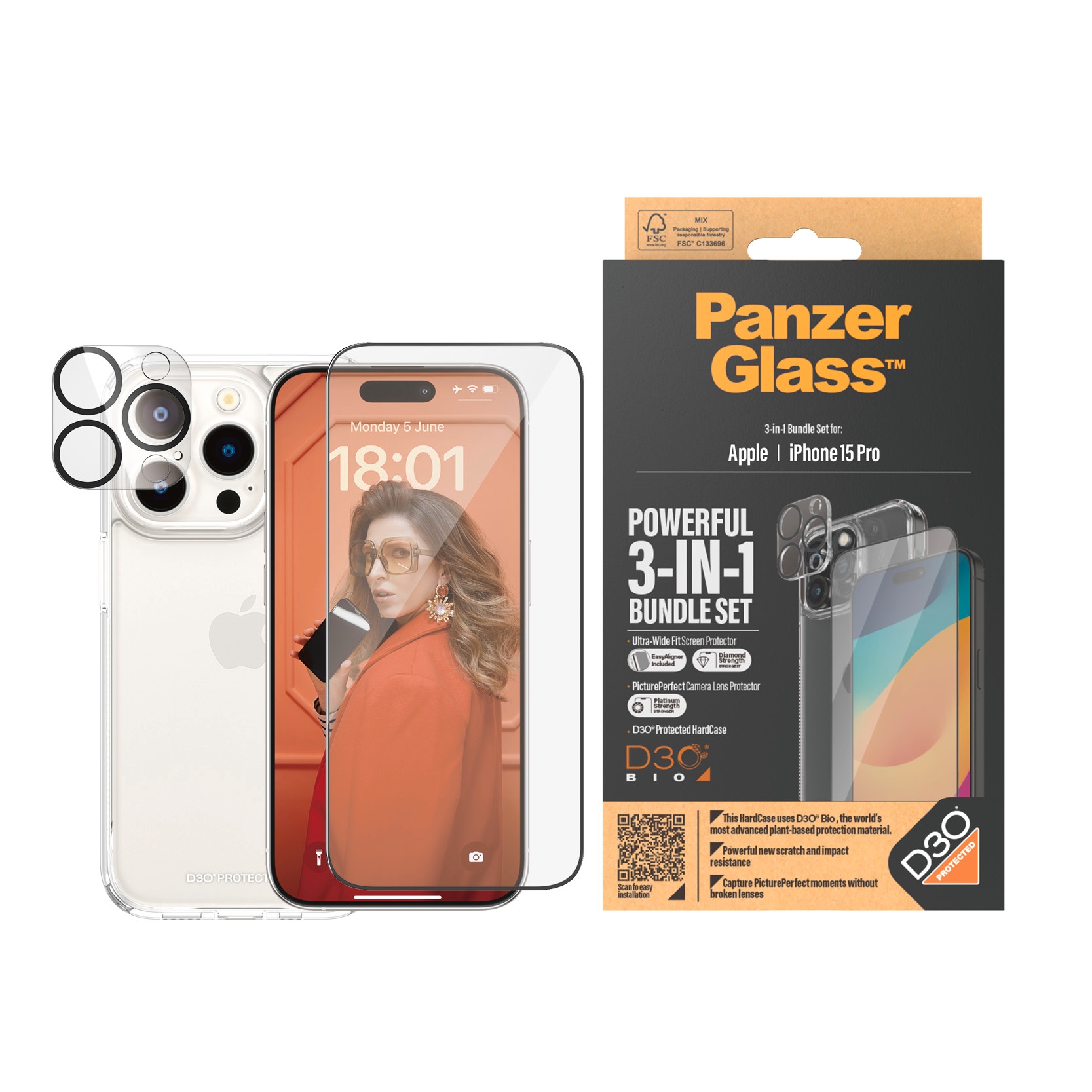 PanzerGlass Displayschutzglas »3-in-1-Pack Screen, Camera Protector und Cover« für iPhone 15 Pro