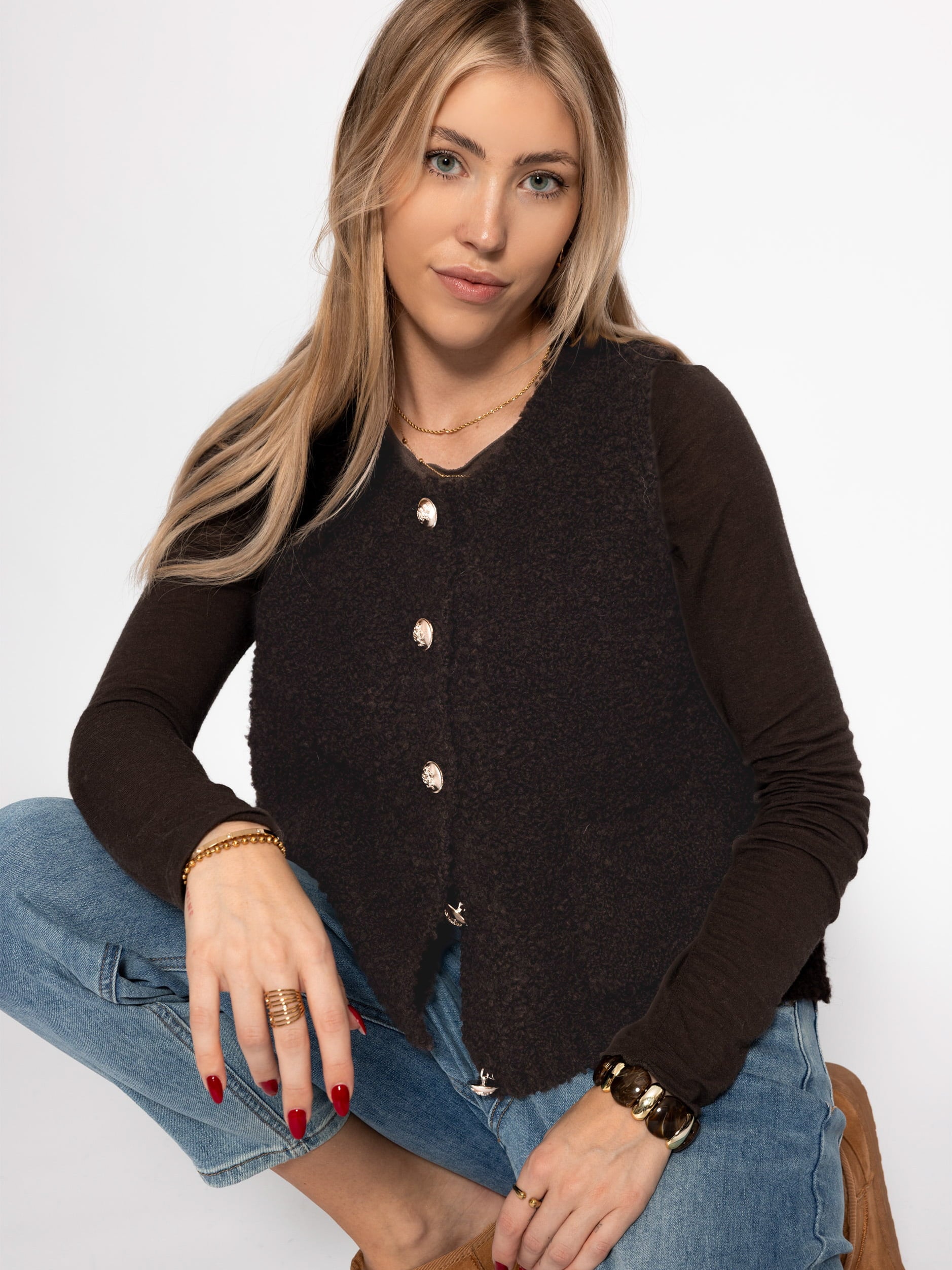 SASSYCLASSY Shirtweste »Bouclé-Weste mit Taschen« Weiche Weste mit goldfarbenen Knöpfen Greige Rosa Schwarz Braun