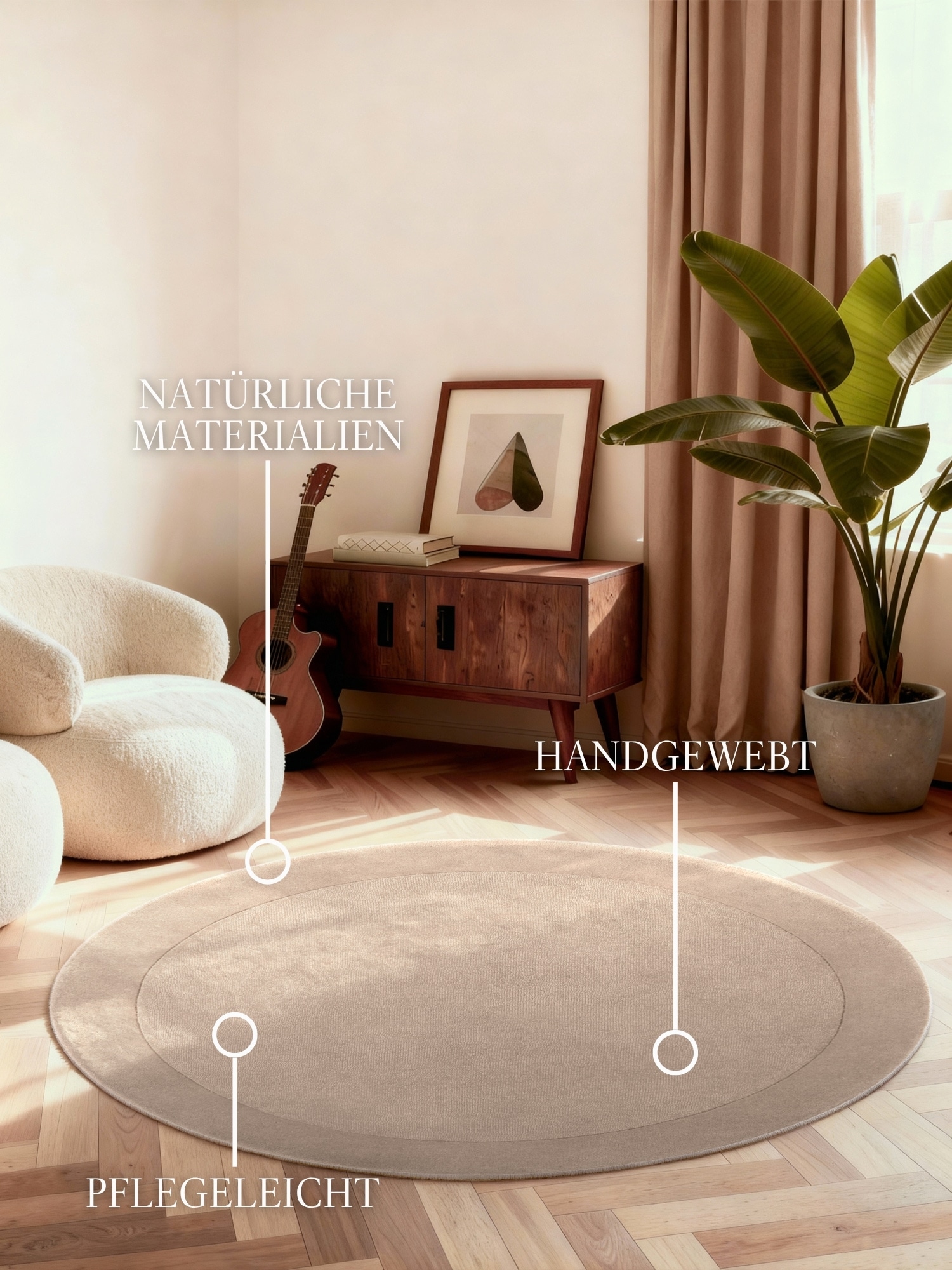 Villeroy & Boch Teppich »Wollteppich Kivi« rund 17 mm Höhe Handgewebt, Wolle, Bordüre, Einfarbig, Läufer, Wohnzimmer, Organisch