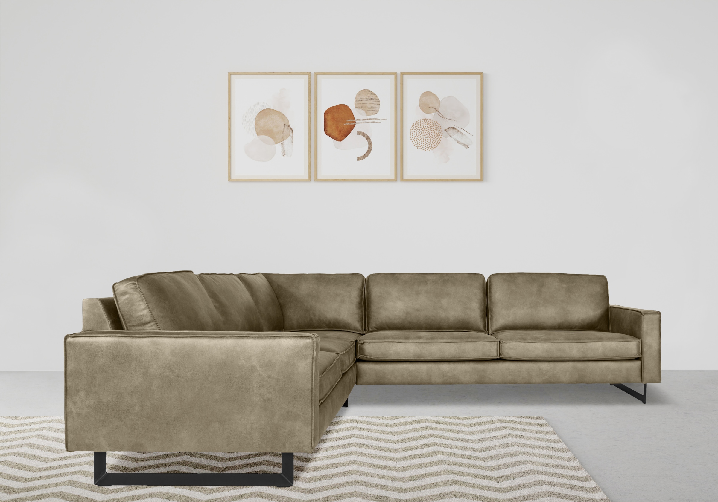 Places of Style Ecksofa »Pinto, XXL, 250/290 cm, langer Schenkel, Ottomane«, Cord, Chenille, Lederoptik, mit Keder, Metallfüße, Wellenunterfederung