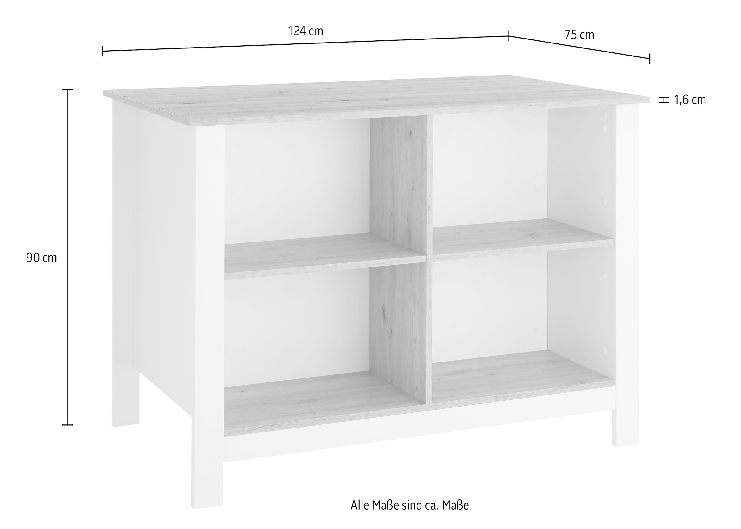 BASIC by Balculina Kücheninsel »Sugar Kücheninsel, Kücheninsel BxHxT 124x90x75«, Breite 124 cm, Melaminbeschichtung, 4 offene Fächer