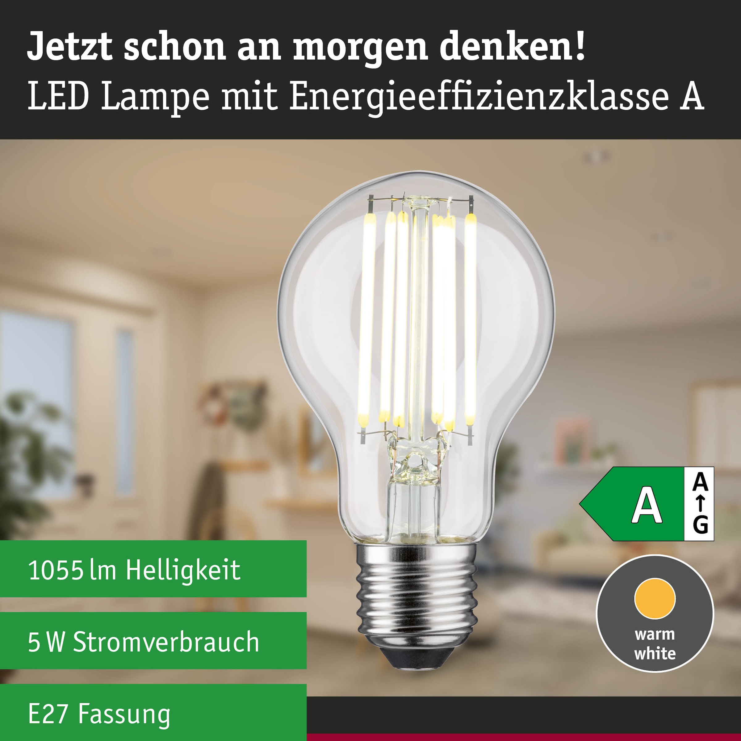 Paulmann LED-Leuchtmittel »Efficient-Line Filament 230V LED Birne E27 1 St. 1055lm 5W 4000K Klar« E27 1 Stk. Neutralweiß