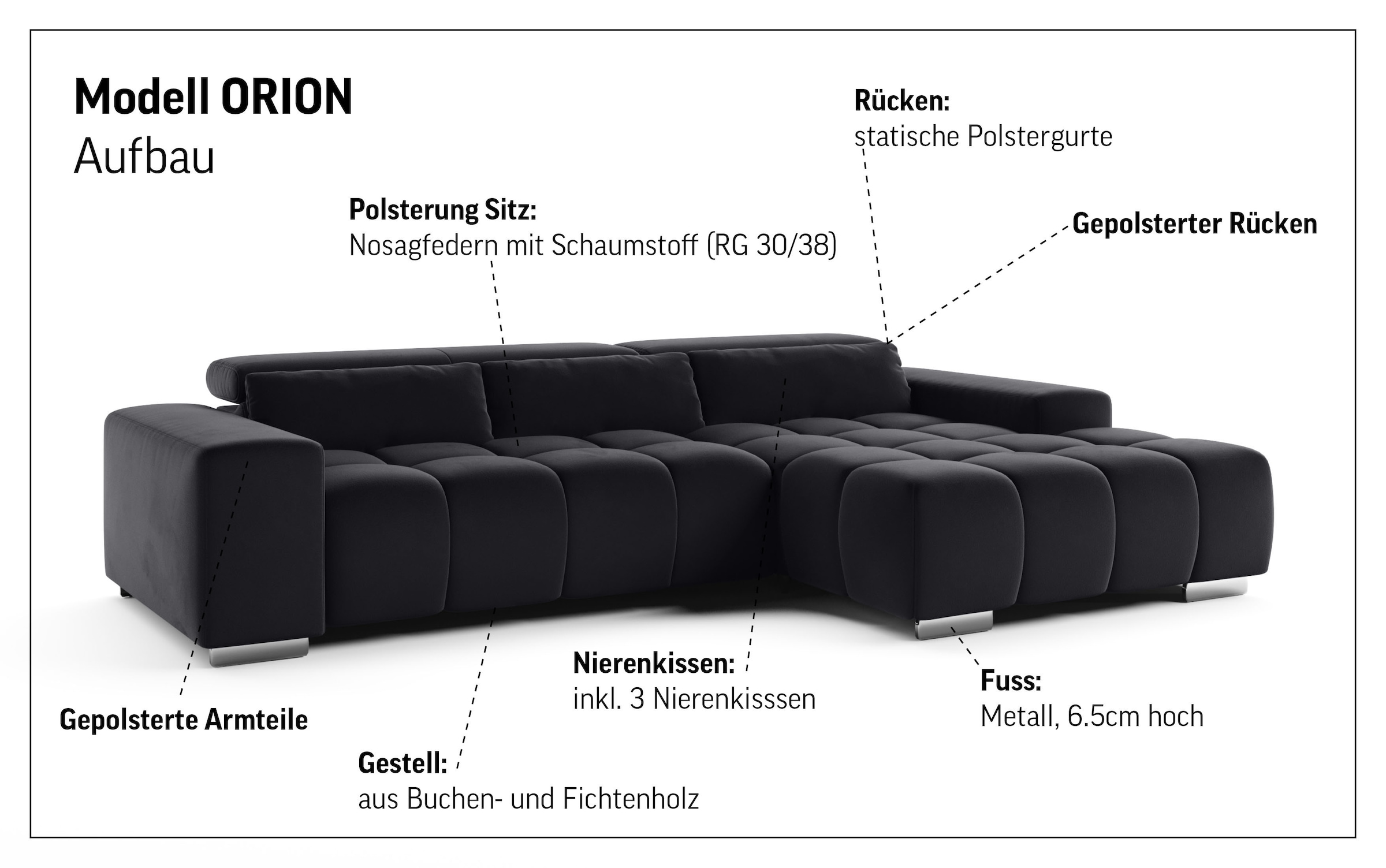 COTTA Ecksofa »Orion L-Form«, mit Recamiere, inkl. verstellbaren Kopfstützen und 3 Kissen