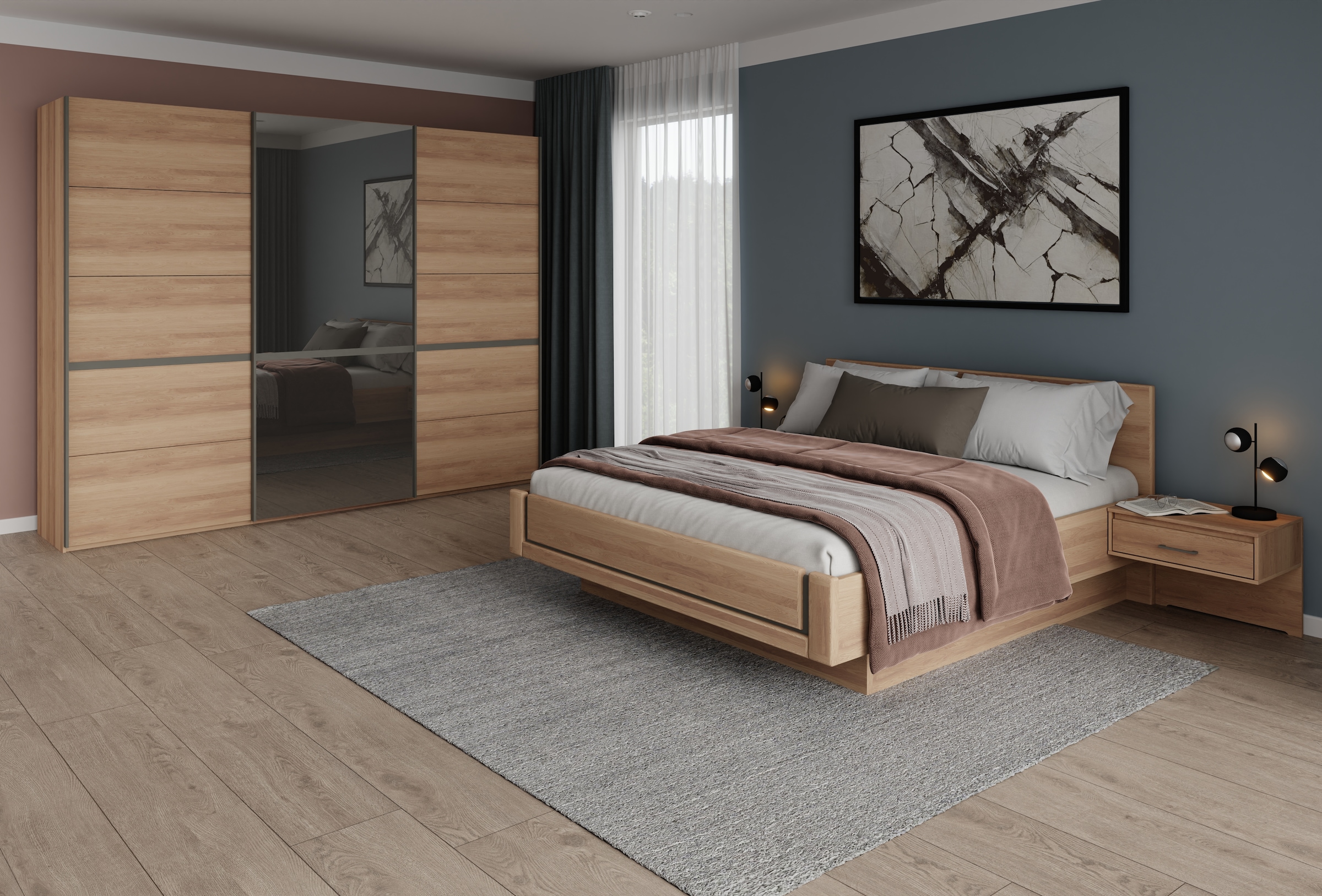 Musterring Schlafzimmer-Set »Sorrent, Kleiderschrank, Bett & Nachtkommoden, teilmassiv Eiche«, (2er-Set Nachtschränke, Schwebetürenschrank 300 cm, Bett 180x200 cm), mit Schwebetürenschrank, Bett schwebende Optik, Breite Schrank 250cm