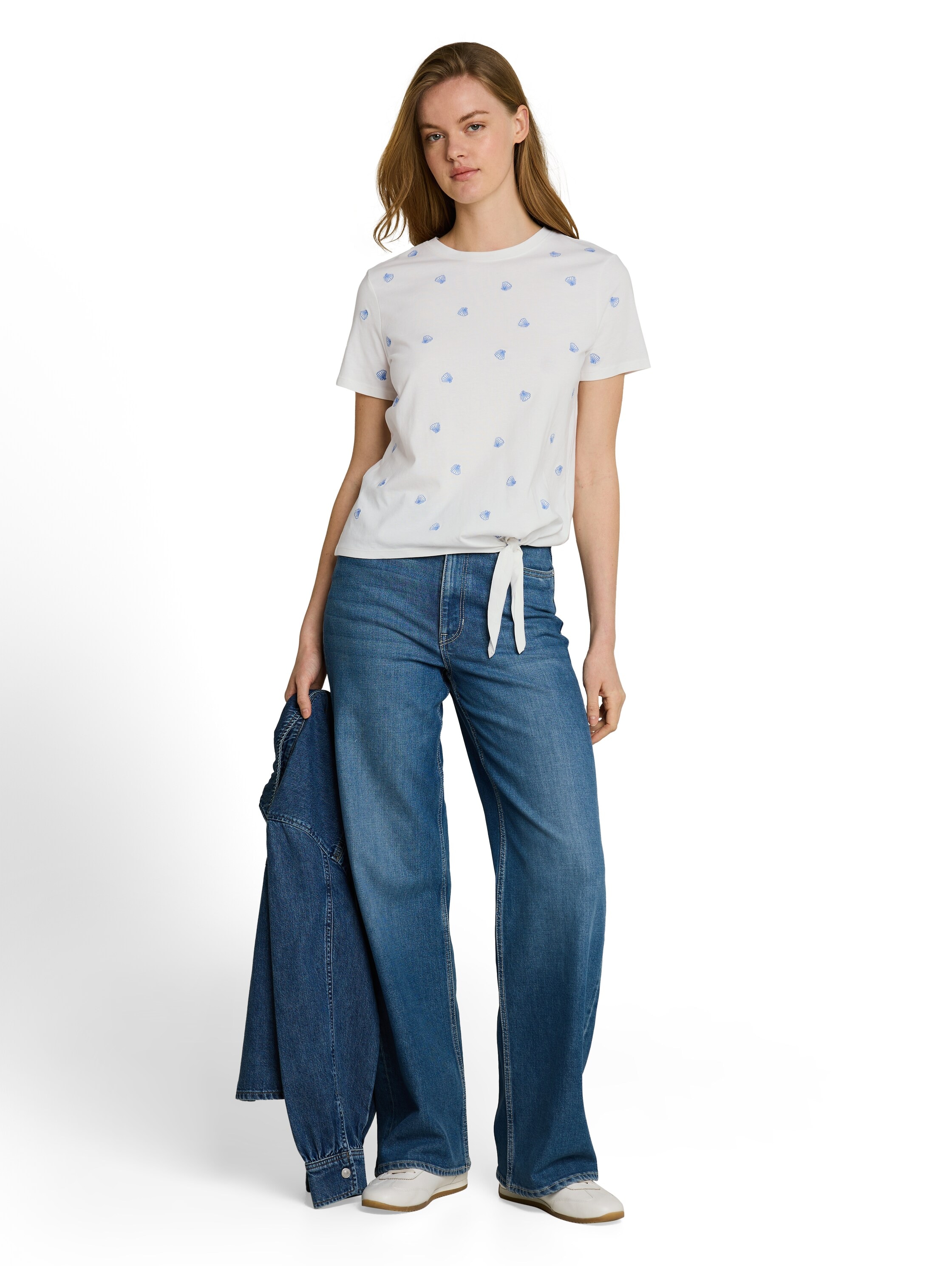 TOM TAILOR Denim T-Shirt Sommershirt mit Knoten-Detail und Stickereien