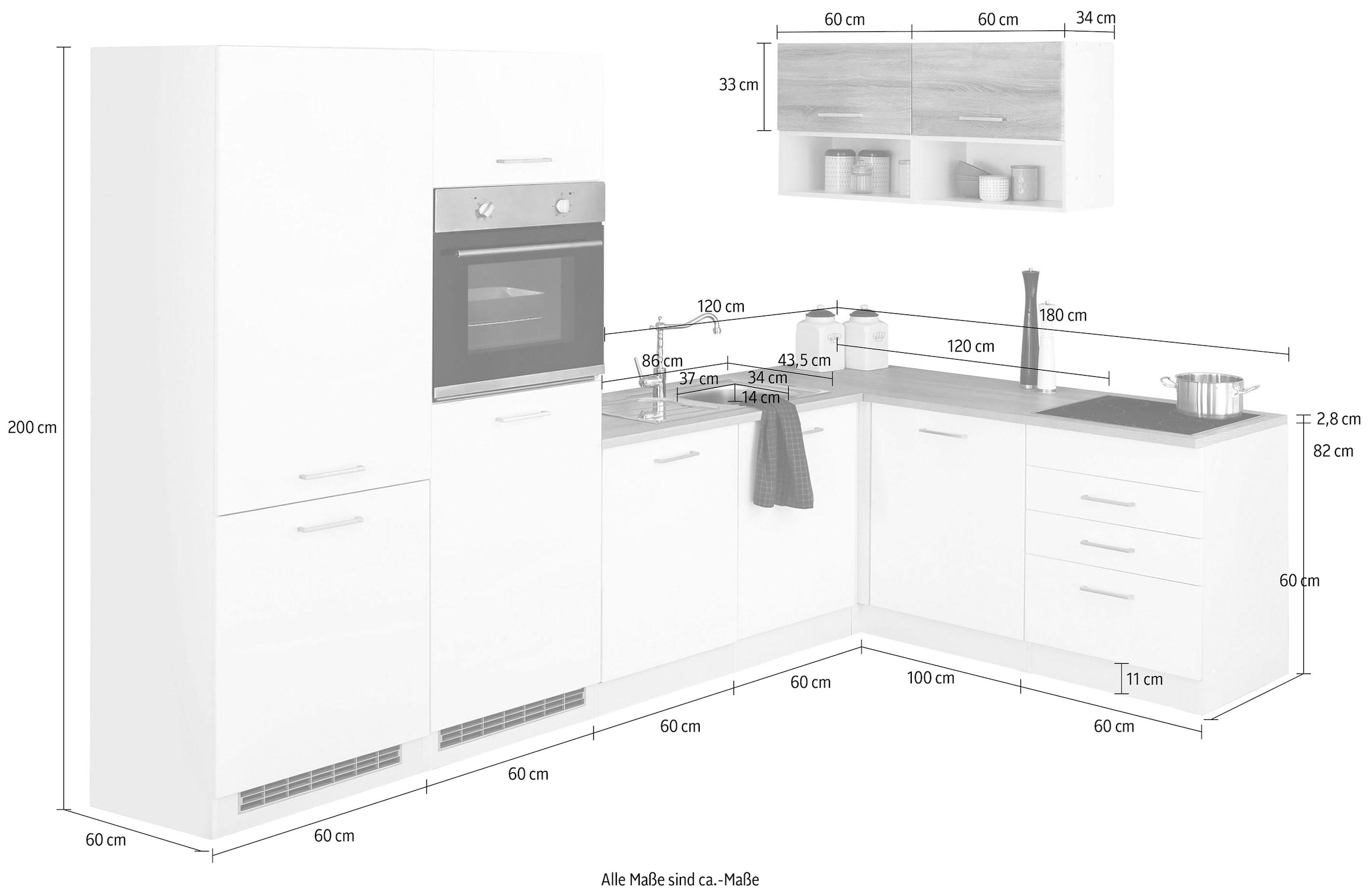 HELD MÖBEL Winkelküche »Visby«, ohne E-Geräte, 300x180 cm, für Kühl/Gefrierkombi und Geschirrspüler
