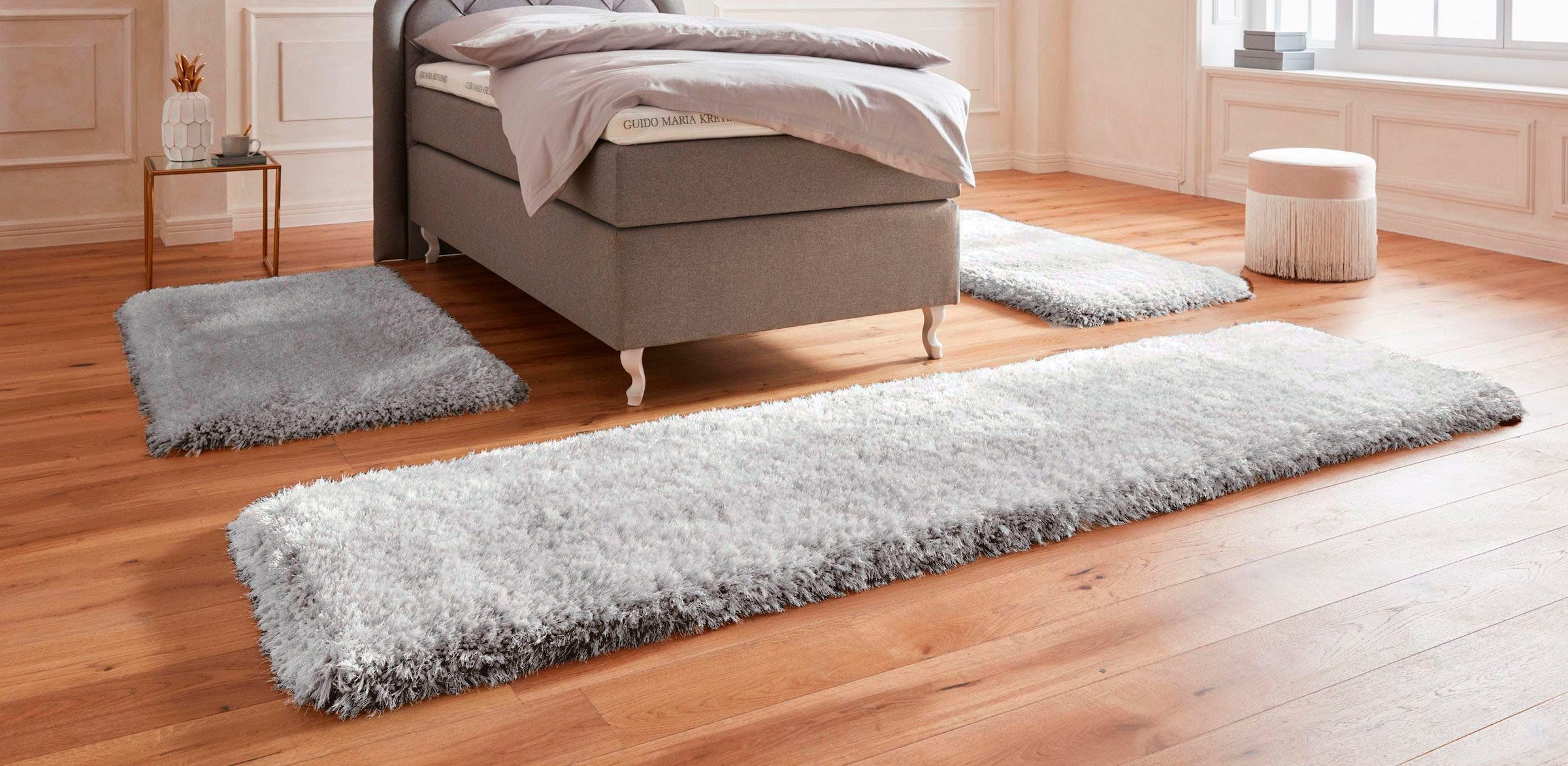 Guido Maria Kretschmer Home&Living Bettumrandung »Micro exclusiv Teppich, sehr hoher Flor, weich durch Mikrofaser«, (3 tlg.), Bettvorleger, Läufer-Set, weich, unifarben, Microfaser, Schlafzimmer