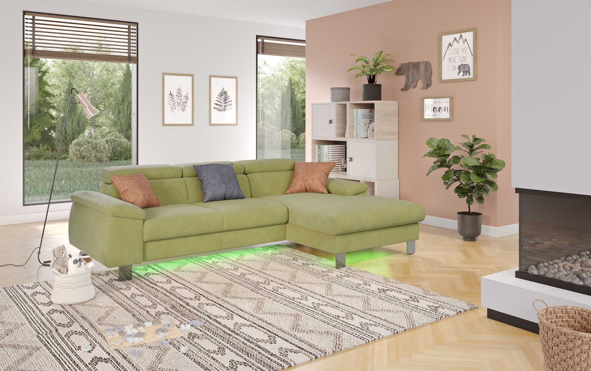 COTTA Ecksofa Komaris, Ecksofa, wahlweise mit RGB-LED-Beleuchtung und Bettfunktion/Bettkasten