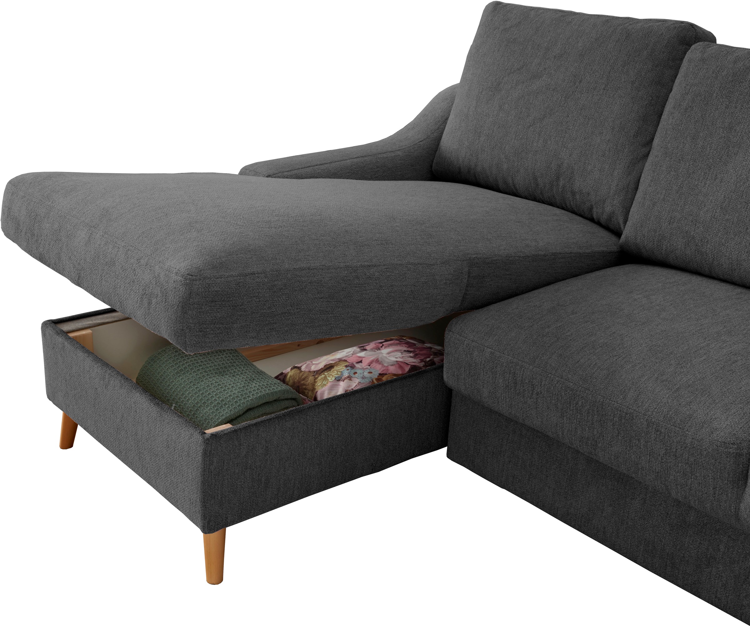 INOSIGN Ecksofa »Valentina L-Form«, 2 Zierkissen, mit Seitentasche, ausziehbarer Liegefläche, Bettkasten