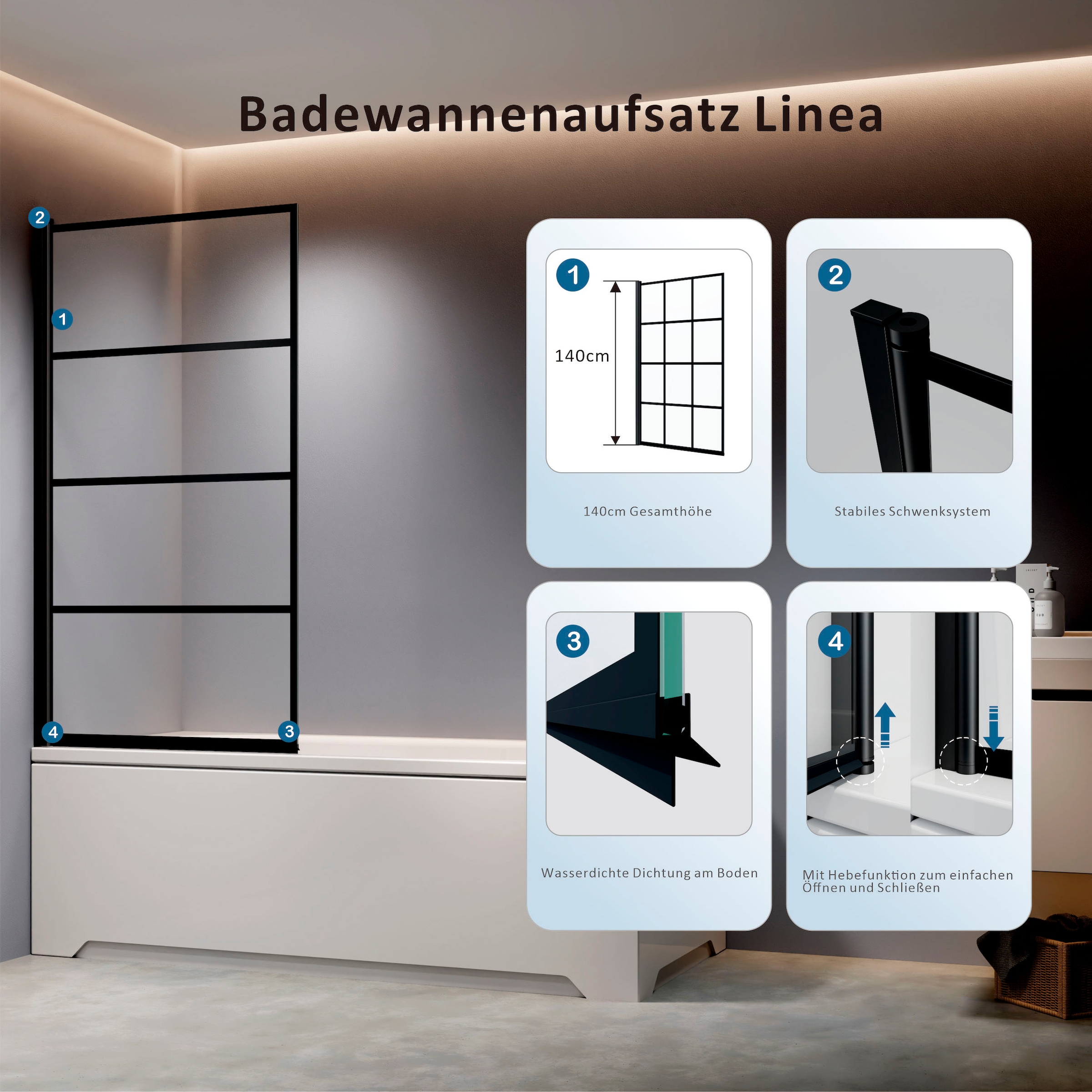 welltime Badewannenaufsatz Viergeteiler Badewannenaufsatz in trendigem Schwarz