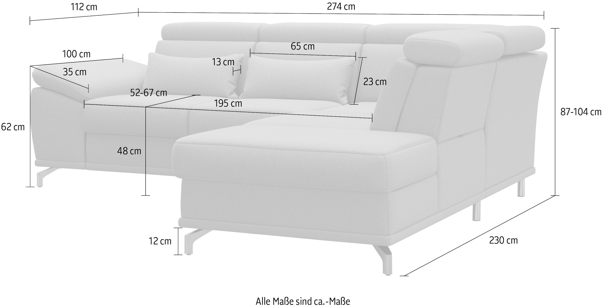 sit&more Ecksofa »Cabrio L-Form, B: 274 cm, mit Sitztiefen-, Arm- & Kopfteilverstellung« 3 Nierenkissen, Federkern, optional Bettfunktion und Stauraum