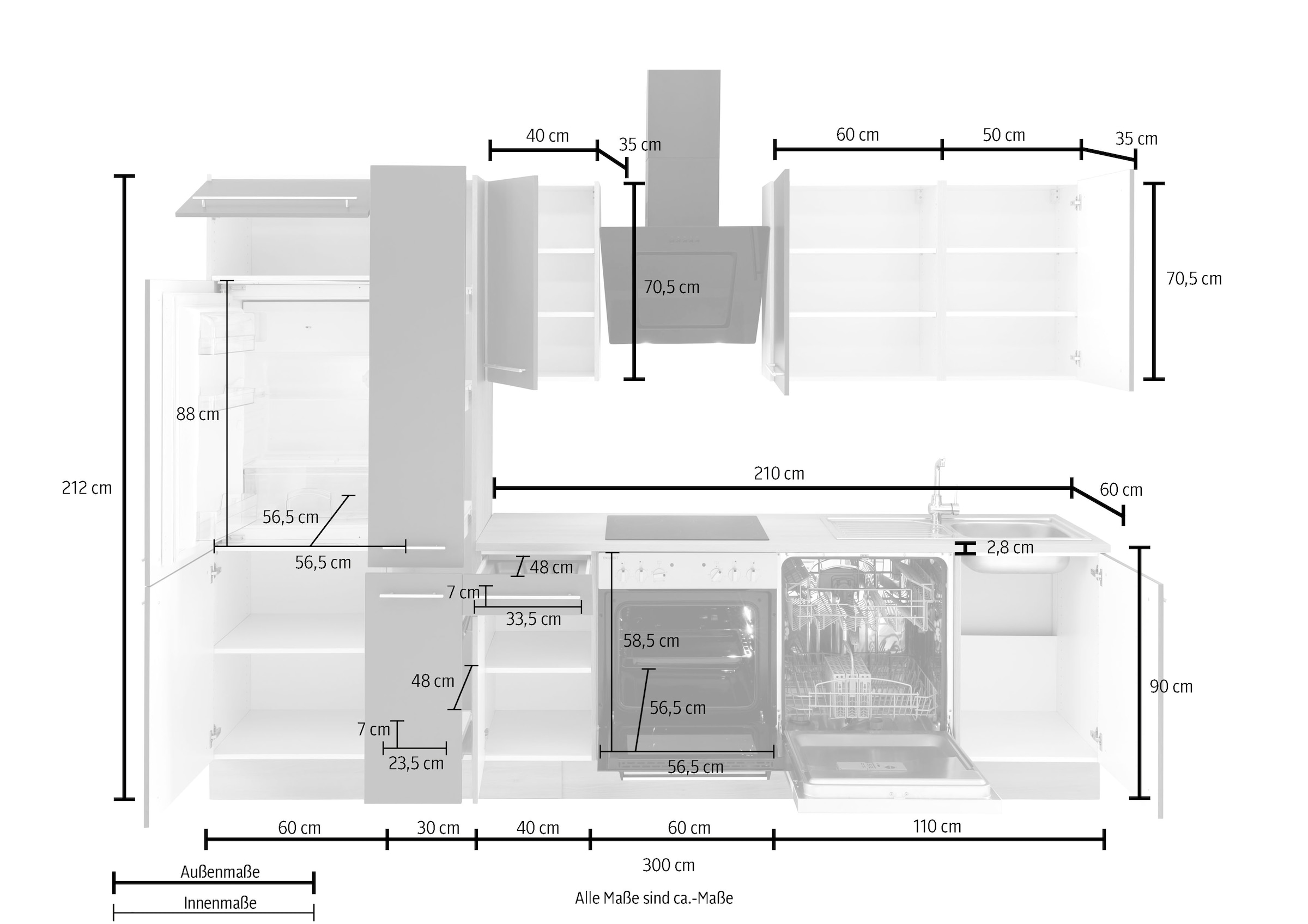 OPTIFIT Küchenzeile »Bern«, und cm, 300 Füße, Schubkästen Türen online höhenverstellbare Breite gedämpfte bestellen bei OTTO