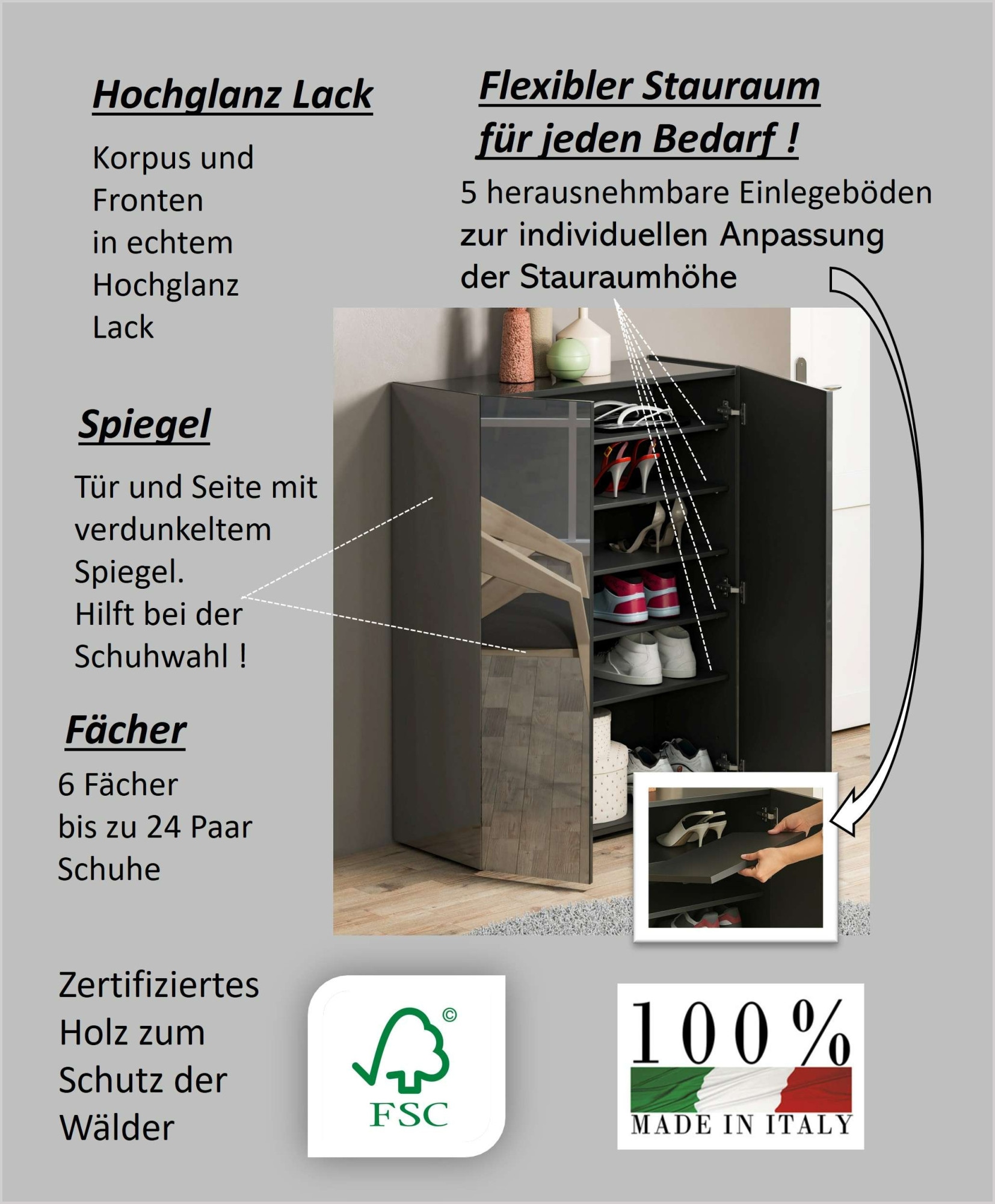 INOSIGN Schuhschrank »Tanko,Schukommode,mit 5 verstellbare Holzböden, individuelle Fachhöhe«, (1 St.), Tür und Seite mit verdunkeltem Spiegel,6 Fächer,24 paar Schuhe,87 cm