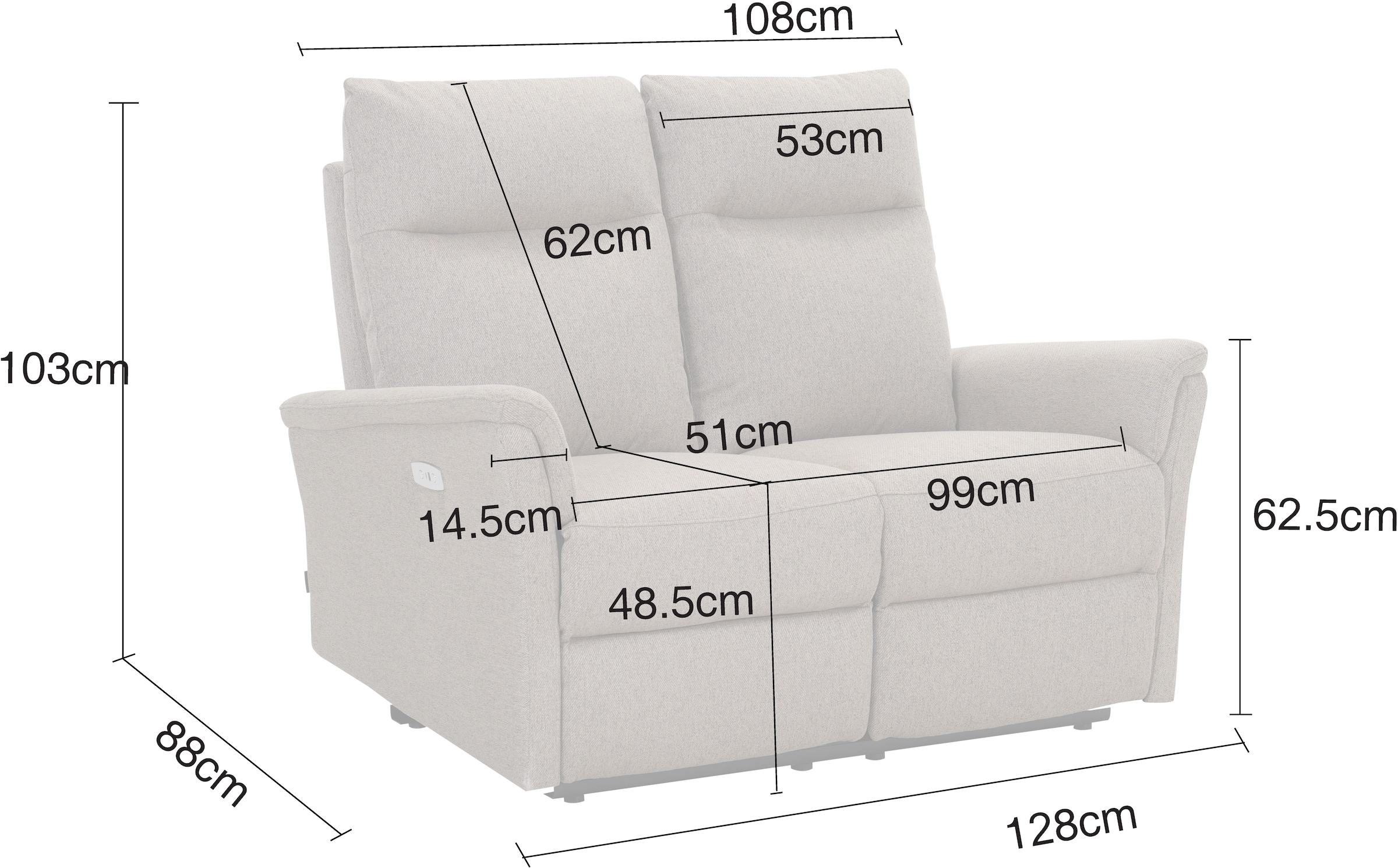 Home affaire 2-Sitzer »FINNARA,2-Sitzer,elelektrische Relaxfunktion in 2 Sitzen, USB A/C« Liegefunktion 105°-135°, Federkern,