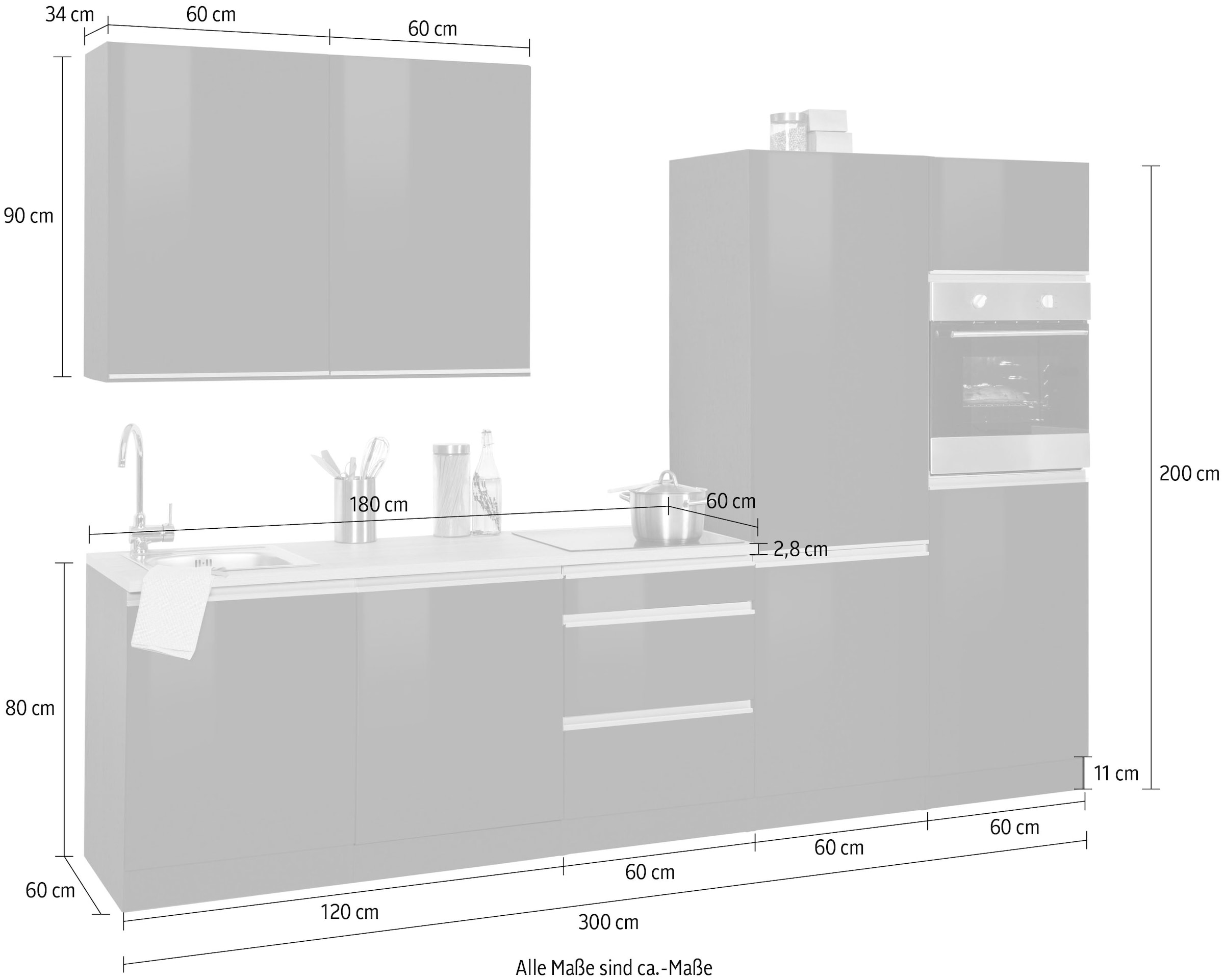 KOCHSTATION Küchenzeile »KS-Ohio«, ohne E-Geräte, Breite 300 cm