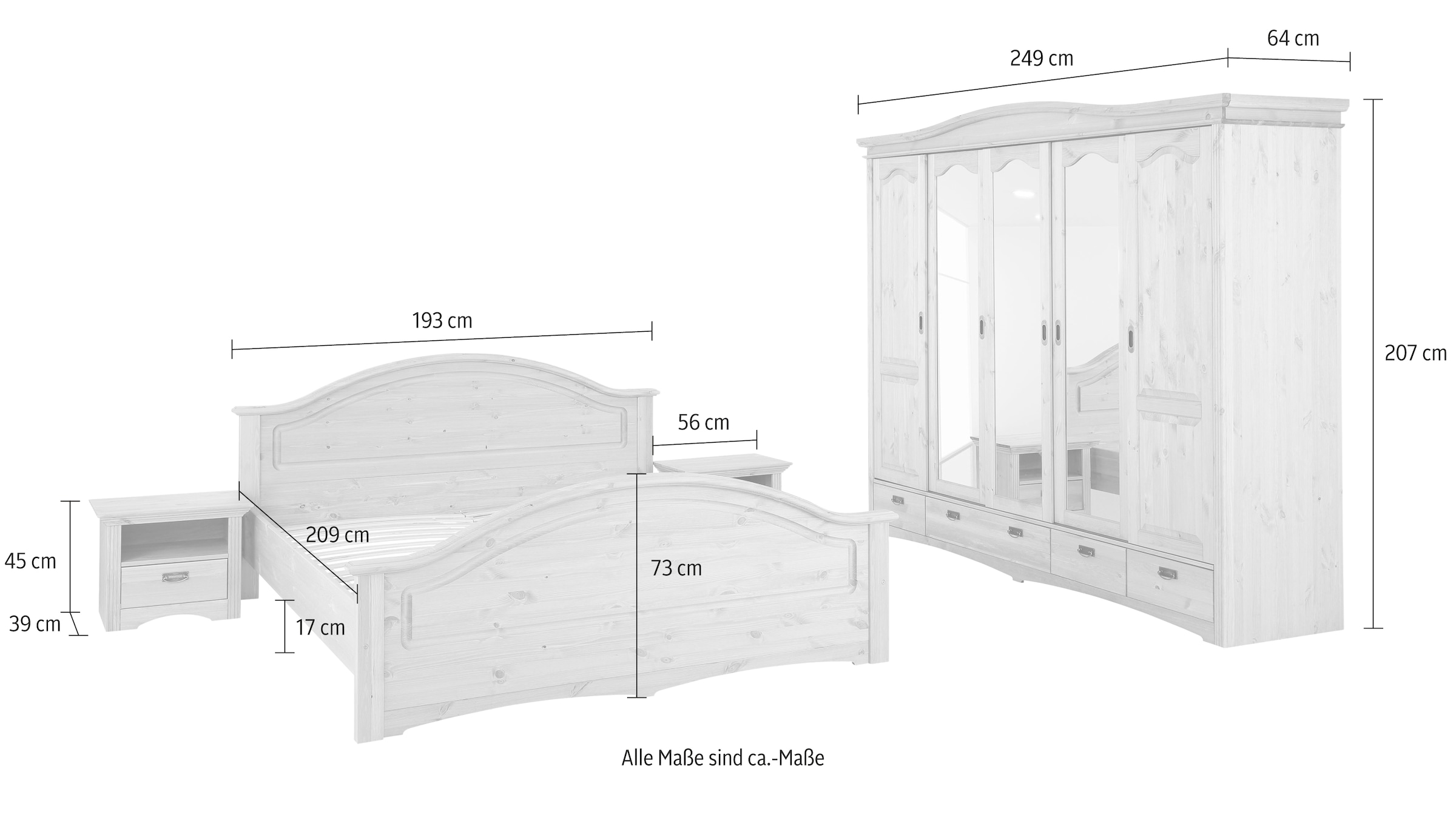 Home affaire Schlafzimmer-Set »"Konrad", komplettes Schlafzimmer mit großem Schrank«, (Set, 4 tlg., Kleiderschrank 5 türig mit Schubladen, 2 Nachttische, Bett 180x200cm), mit 5-trg. Kleiderschrank, Bett 180/200 cm und 2 Nachttischen
