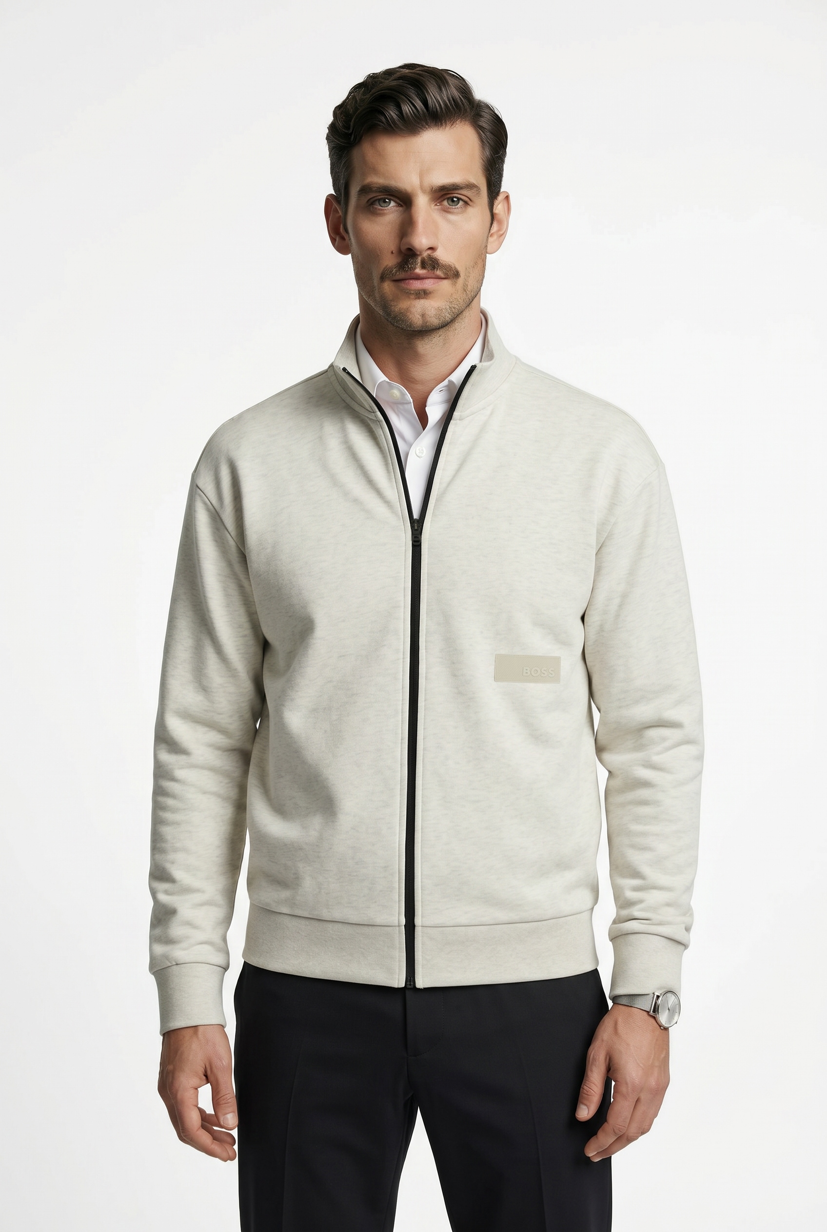 BOSS GREEN Sweatjacke Stehkragen, Relaxed Fit, Rippbündchen