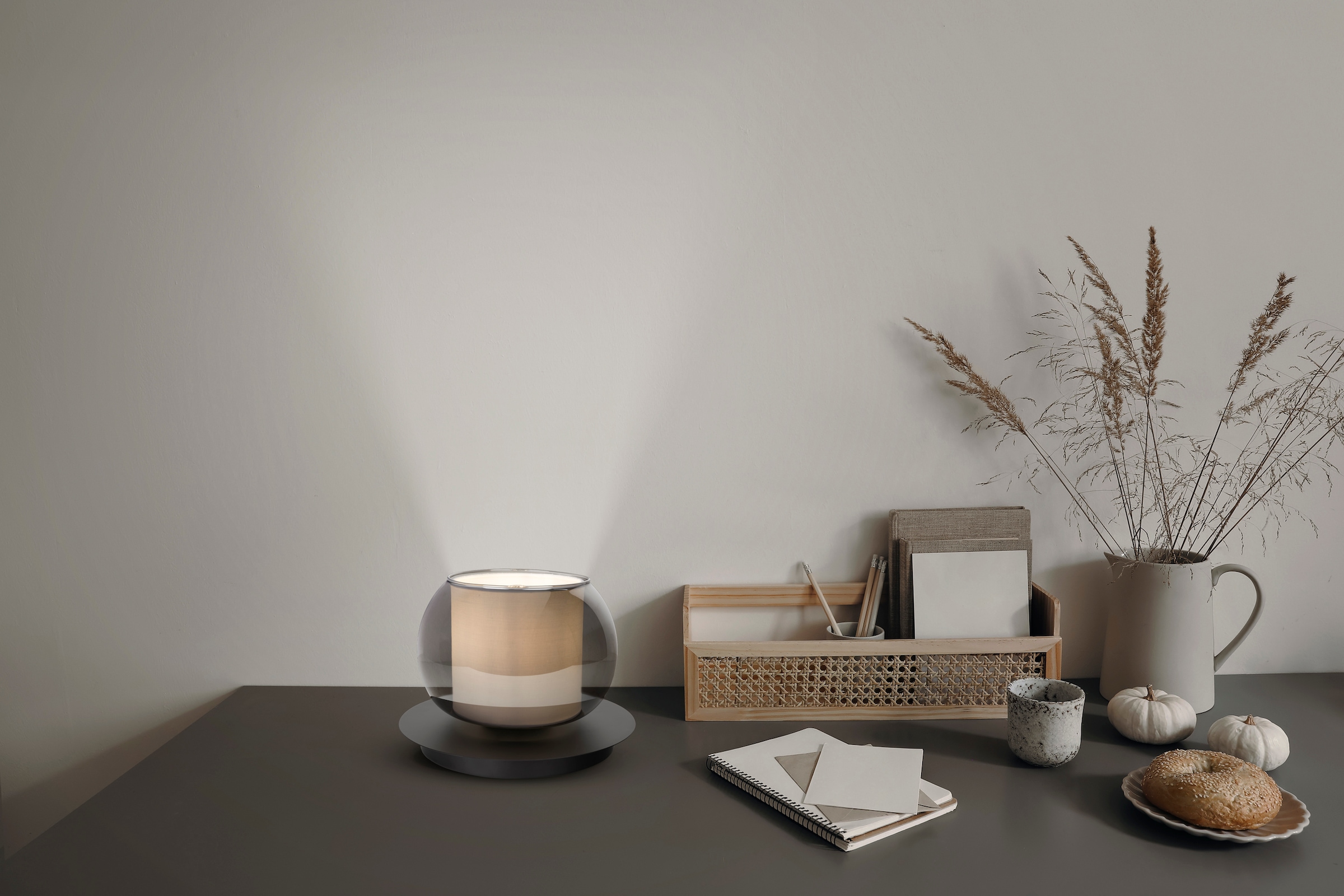 OTTO home Tischleuchte »Tanissa« E27 1 Stk. rund, Schirm Rauchglas, Innenschirm Stoff weiß, 1x E27 exkl., D: 18cm