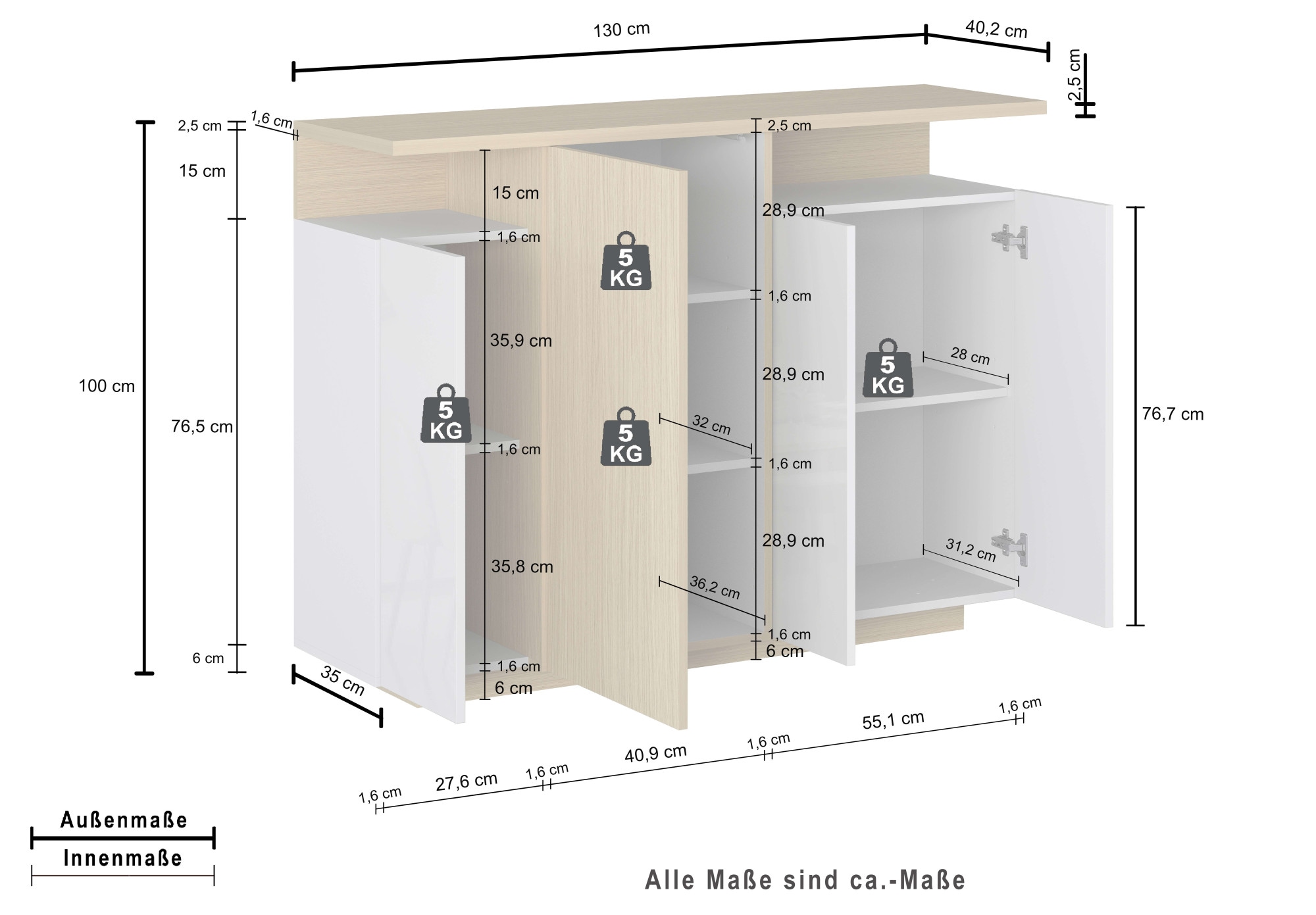 OTTO home Highboard »Highboard ETHOS, Kommode, Schrank, Kredenz« 1 Stk. tlg. Mit 4 Drehtüren, 9 Innenfächern und 2 Außenfächern, B.130 cm