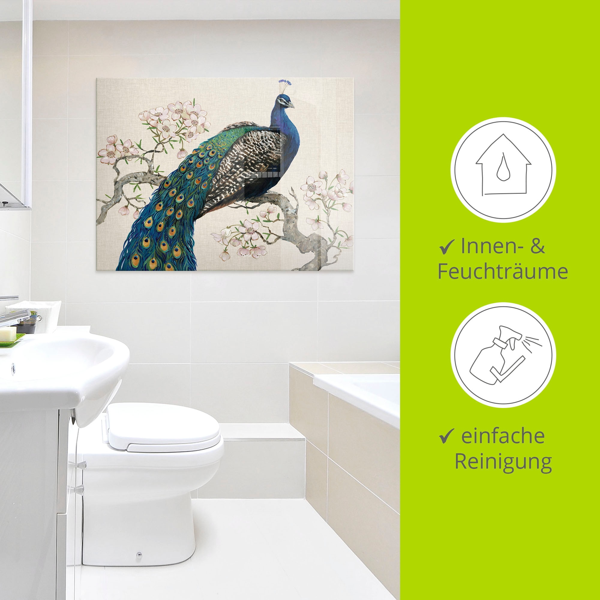 Artland Glasbild »Pfau & Blüten I«, Vögel, (1 St.), in verschiedenen Größen