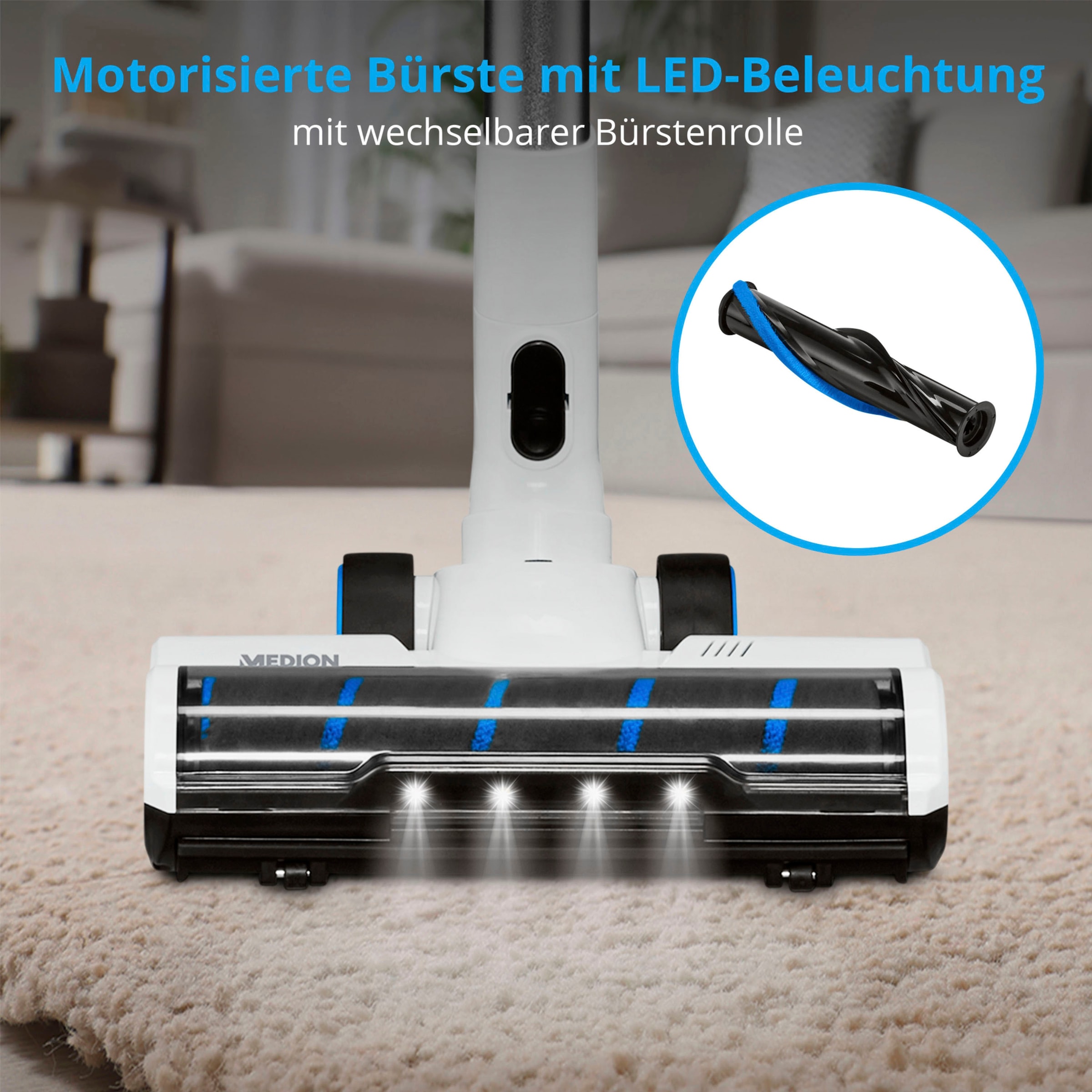 Medion® Akku-Stielstaubsauger »P400 W (MD 12051), beutellose Zyklon-Technologie, 26 kPa Saugleistung«, LED-Touch-Display, Staubsensor, integriertes Zubehör und Ladestation