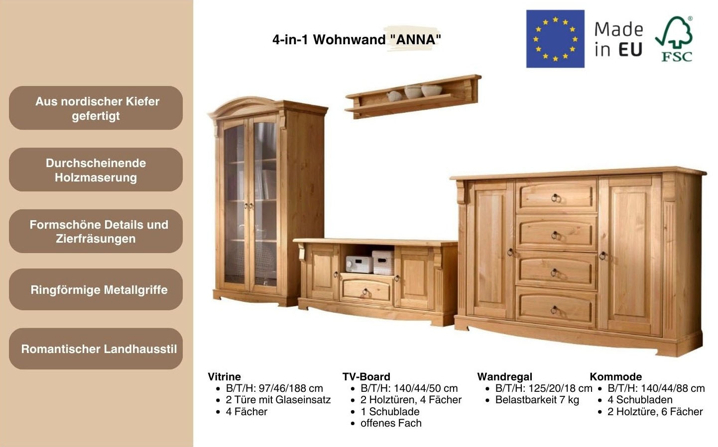 Home affaire Wohnwand »Anna«, (Set, 4 St.), aus massiver Kiefer, FSC®, im romantischen Landhausstil