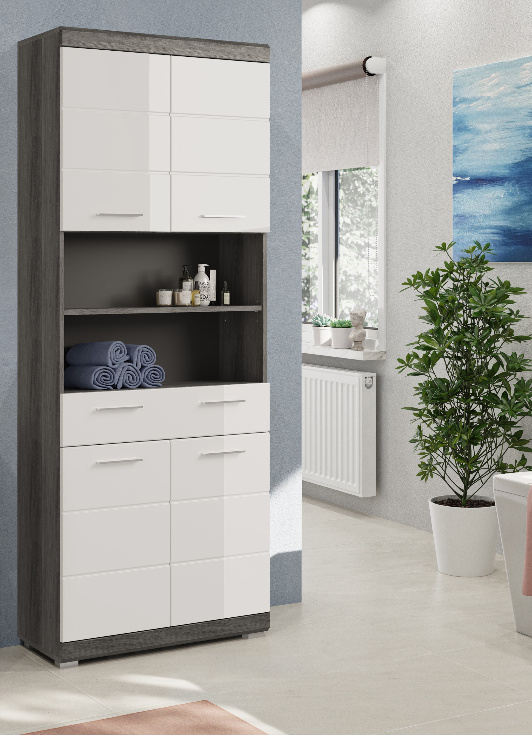 INOSIGN Hochschrank »Siena, Breite 74cm, 4 Türen, 1 Schubkasten, 2 offene Fächer, MDF-Front«, in verschiedenen Farben erhältlich, Badmöbel, Badschrank, Schrank, Bad