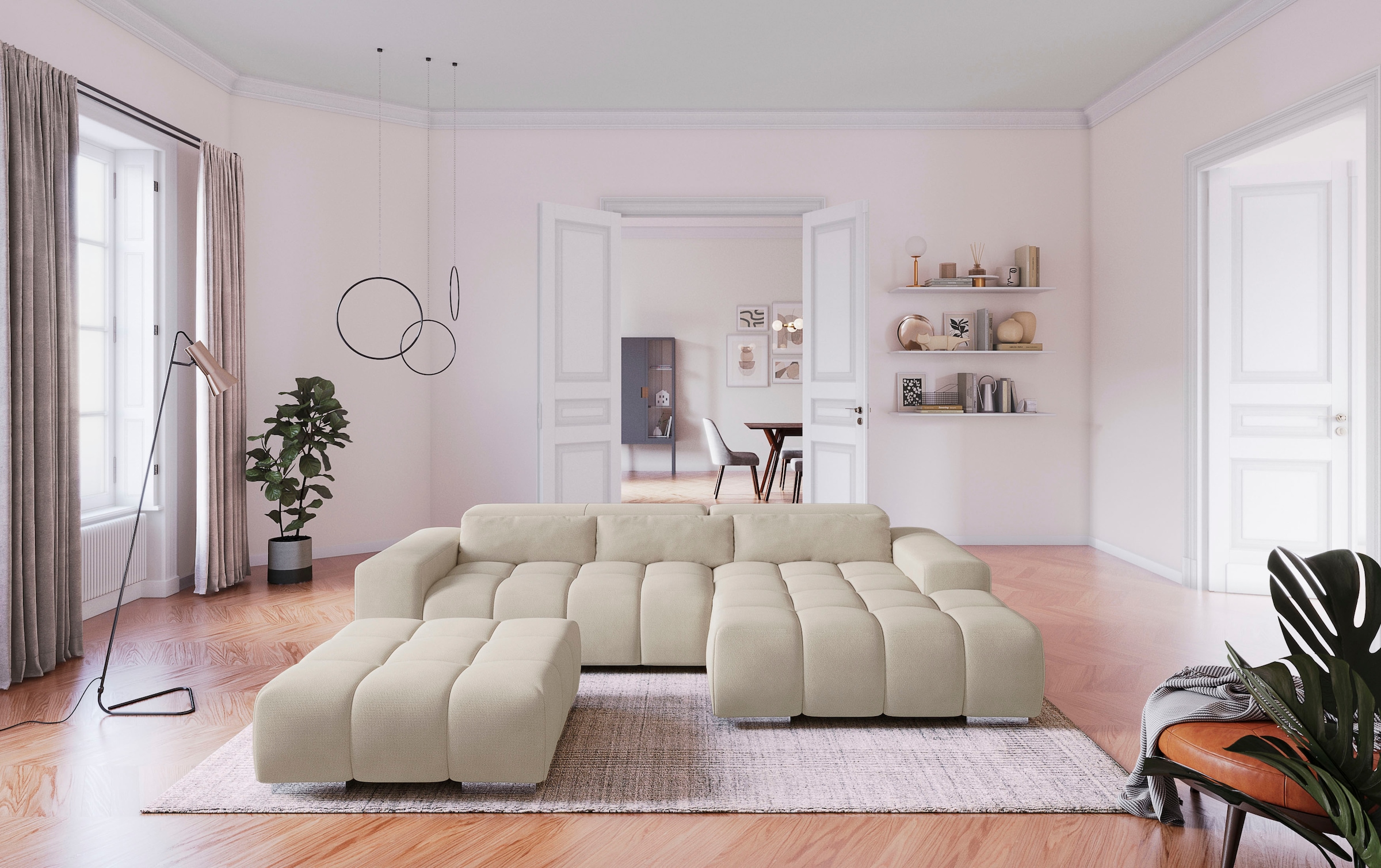COTTA Ecksofa »Orion L-Form, B: 307 cm, moderne Steppung, bequeme Wellenunterfederung« 2x Kopfteilverstellung & 3 Nierenkissen