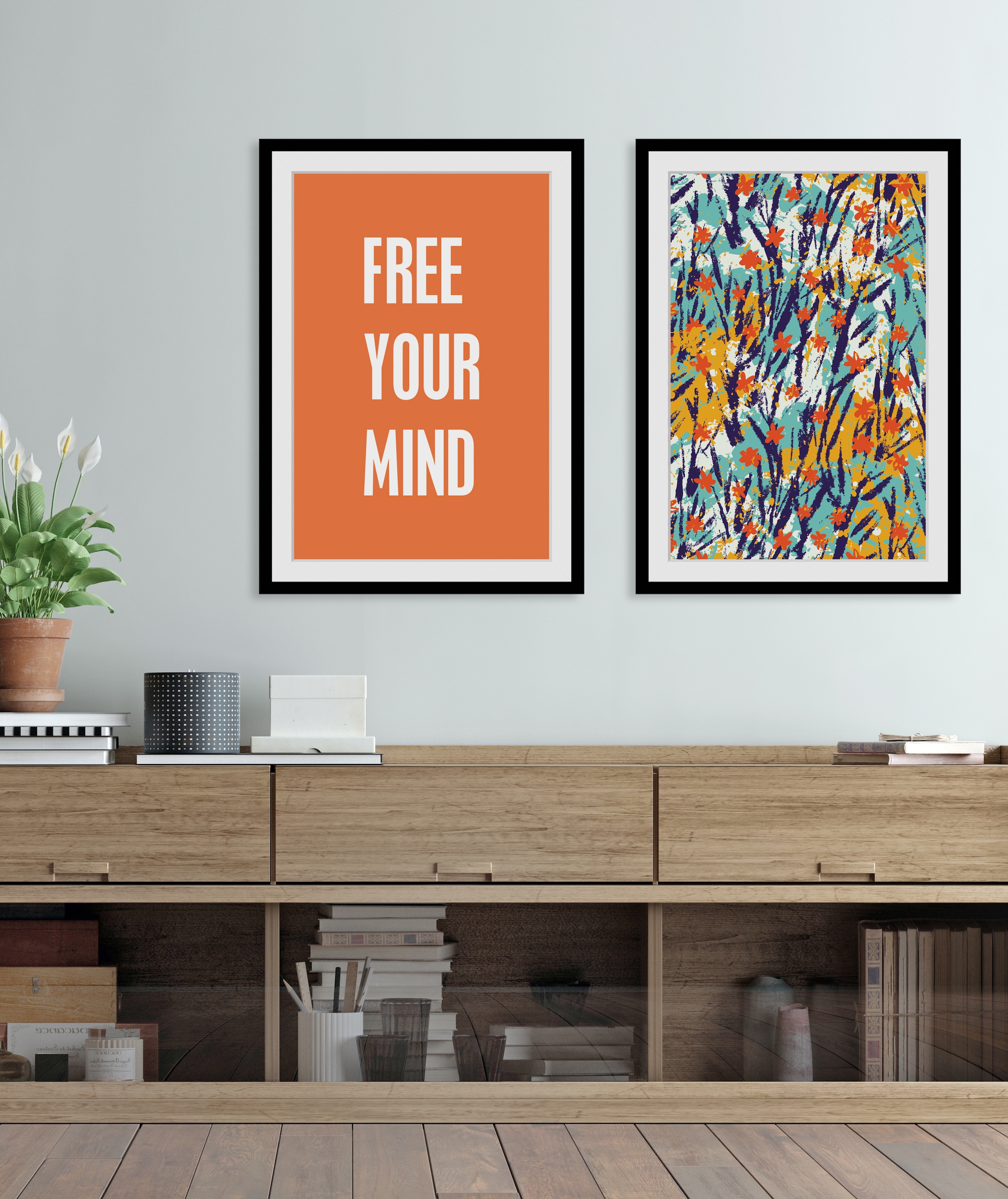 queence Bild »FREE YOUR MIND«, Sprüche & Texte-Schriftzug-Motivationsbilder, HD Premium Poster-Druck inkl. Holzrahmen